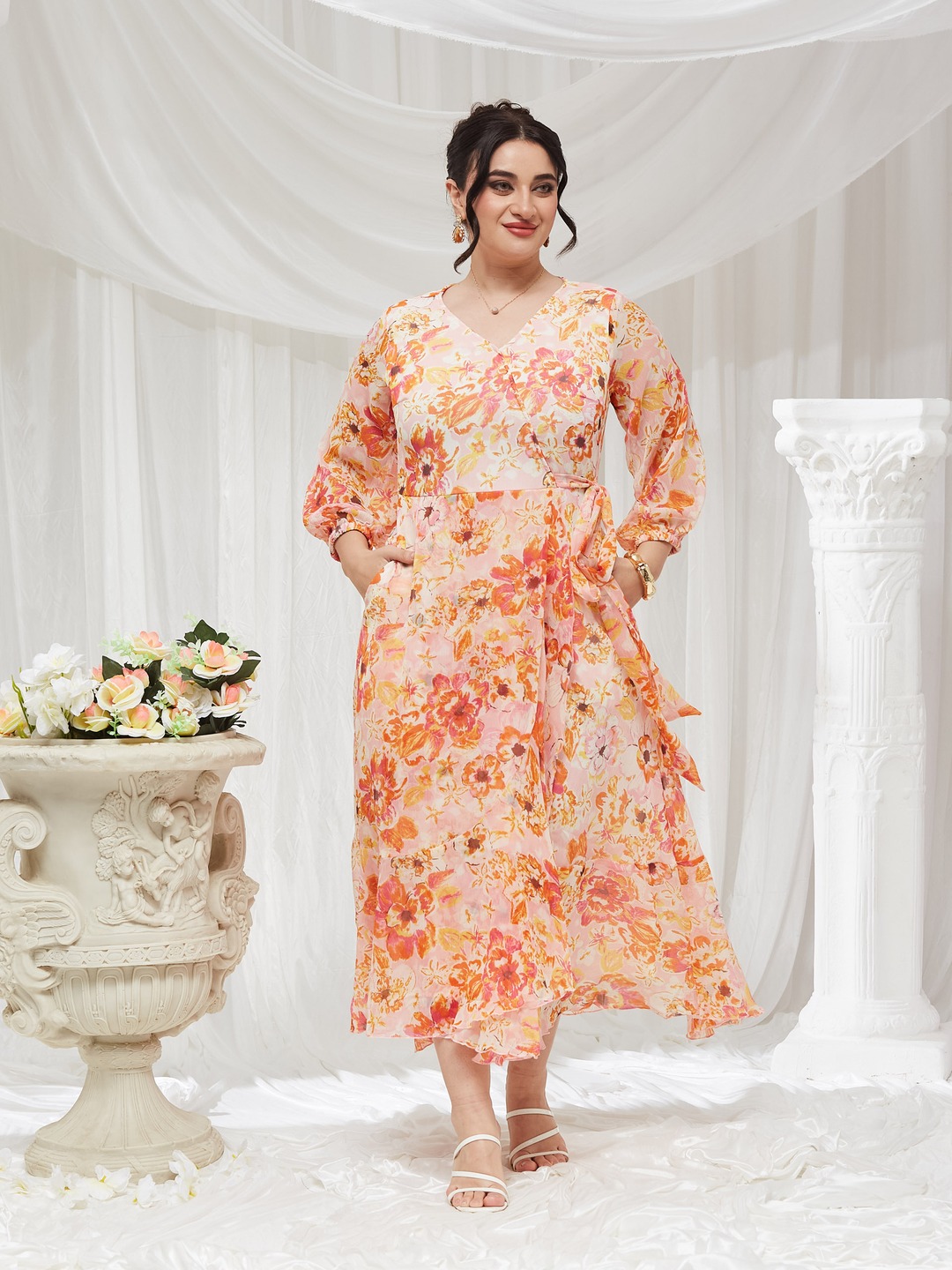 Multi Printed V Neck Fit and Flare Ankle length Dress