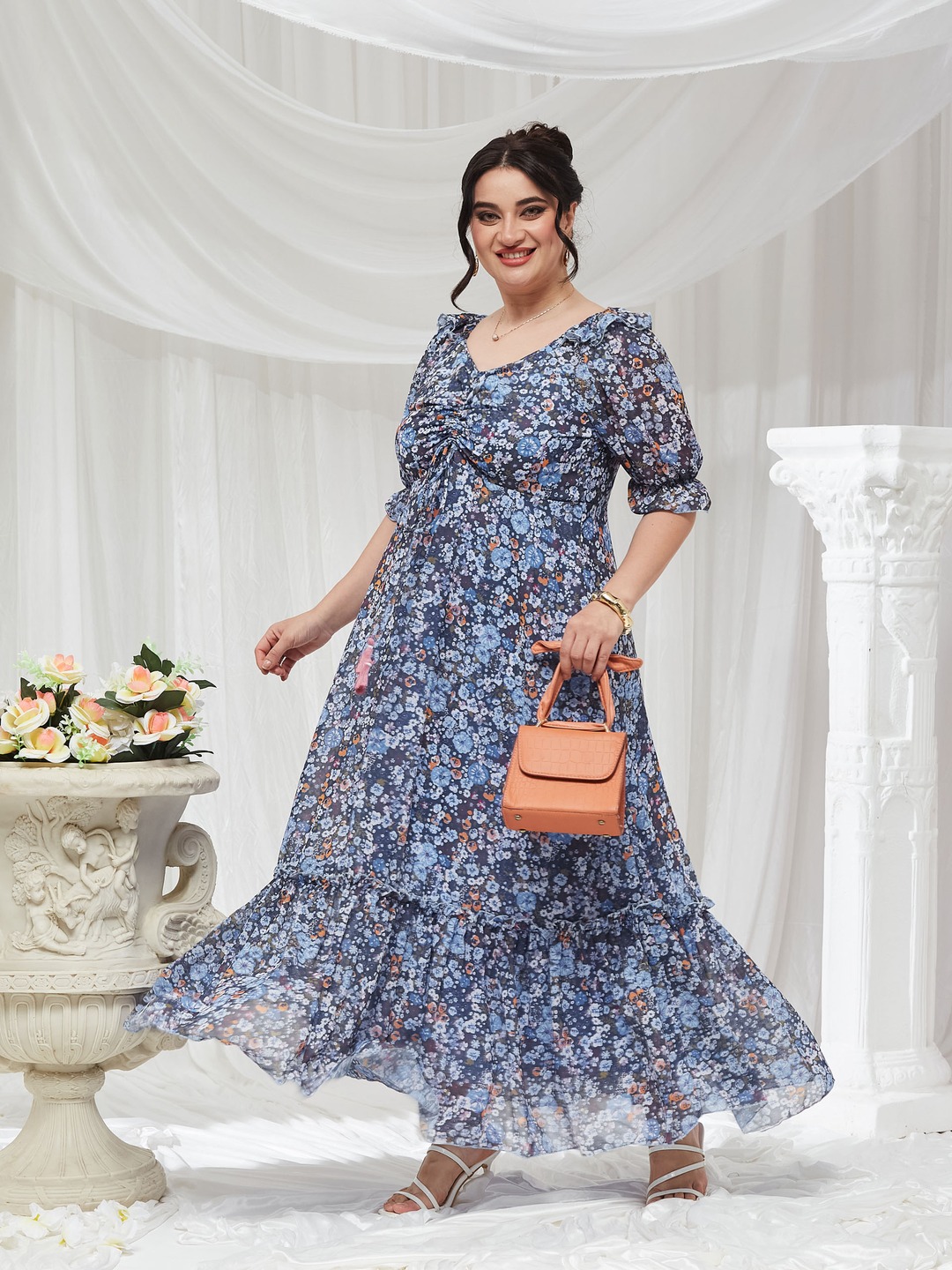Multi Printed V Neck Tiered Ankle length Dress
