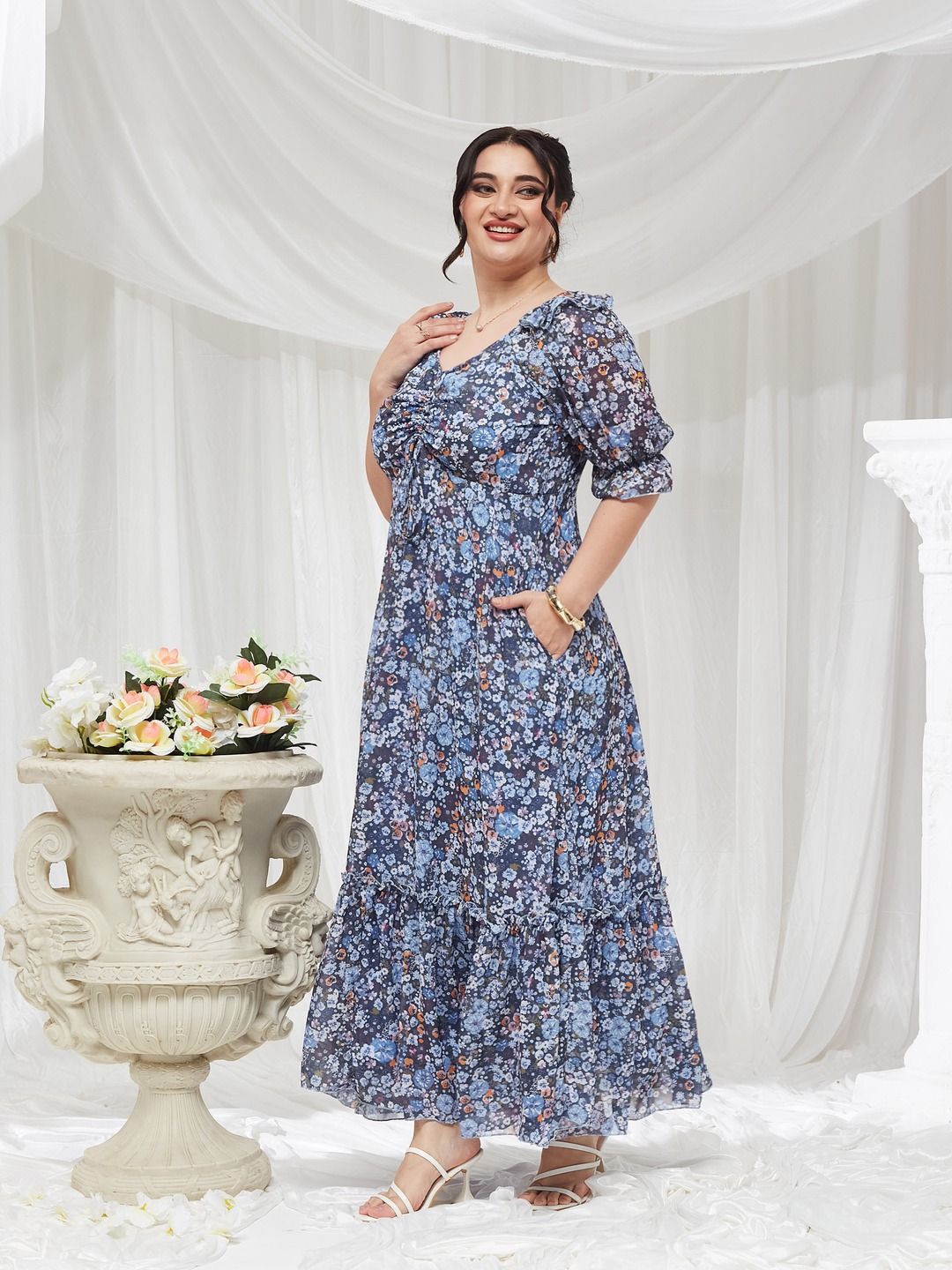 Multi Printed V Neck Tiered Ankle length Dress