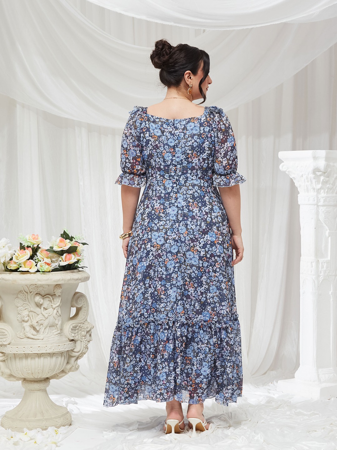 Multi Printed V Neck Tiered Ankle length Dress