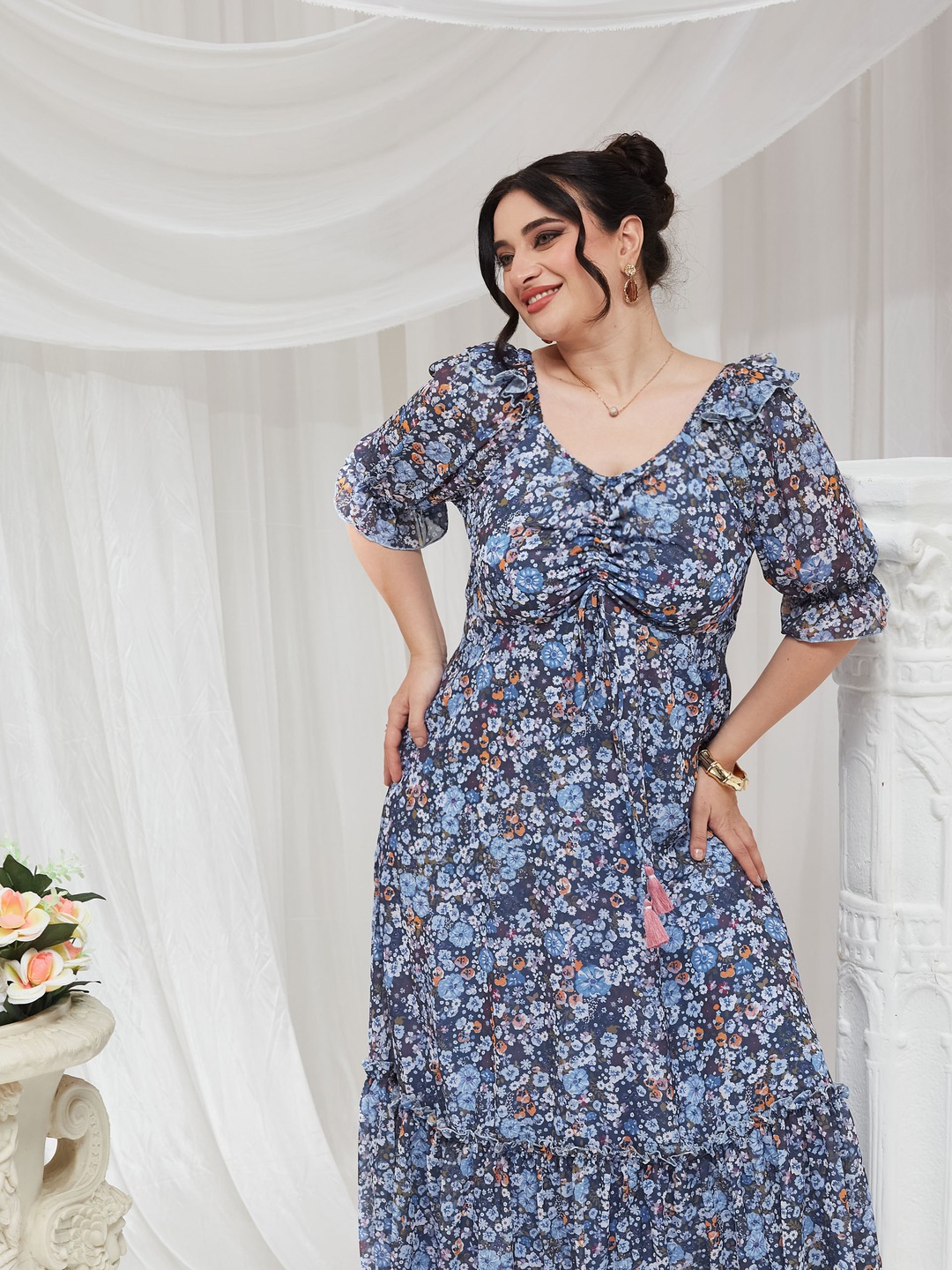 Multi Printed V Neck Tiered Ankle length Dress