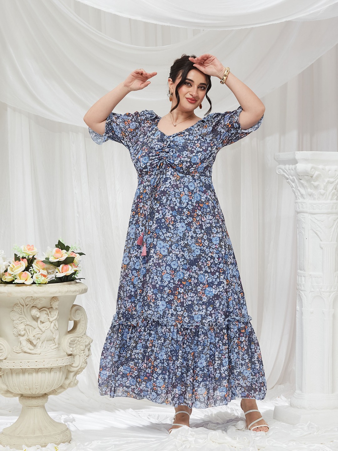 Multi Printed V Neck Tiered Ankle length Dress