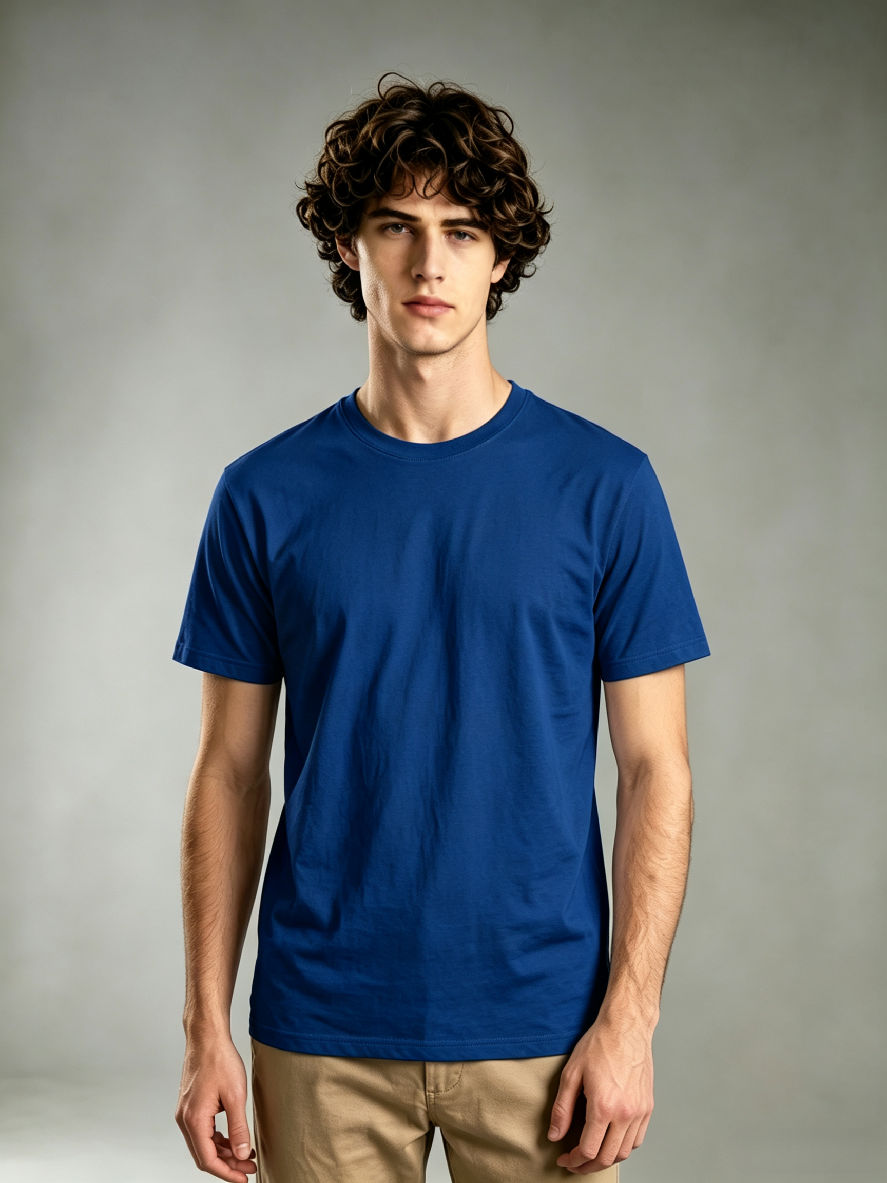 Medium Blue Solid Round Neck Regular T-Shirt