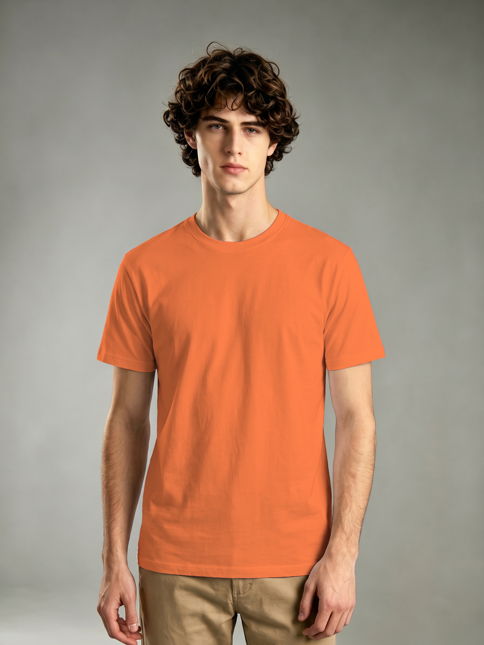Orange Solid Round Neck Regular T-Shirt