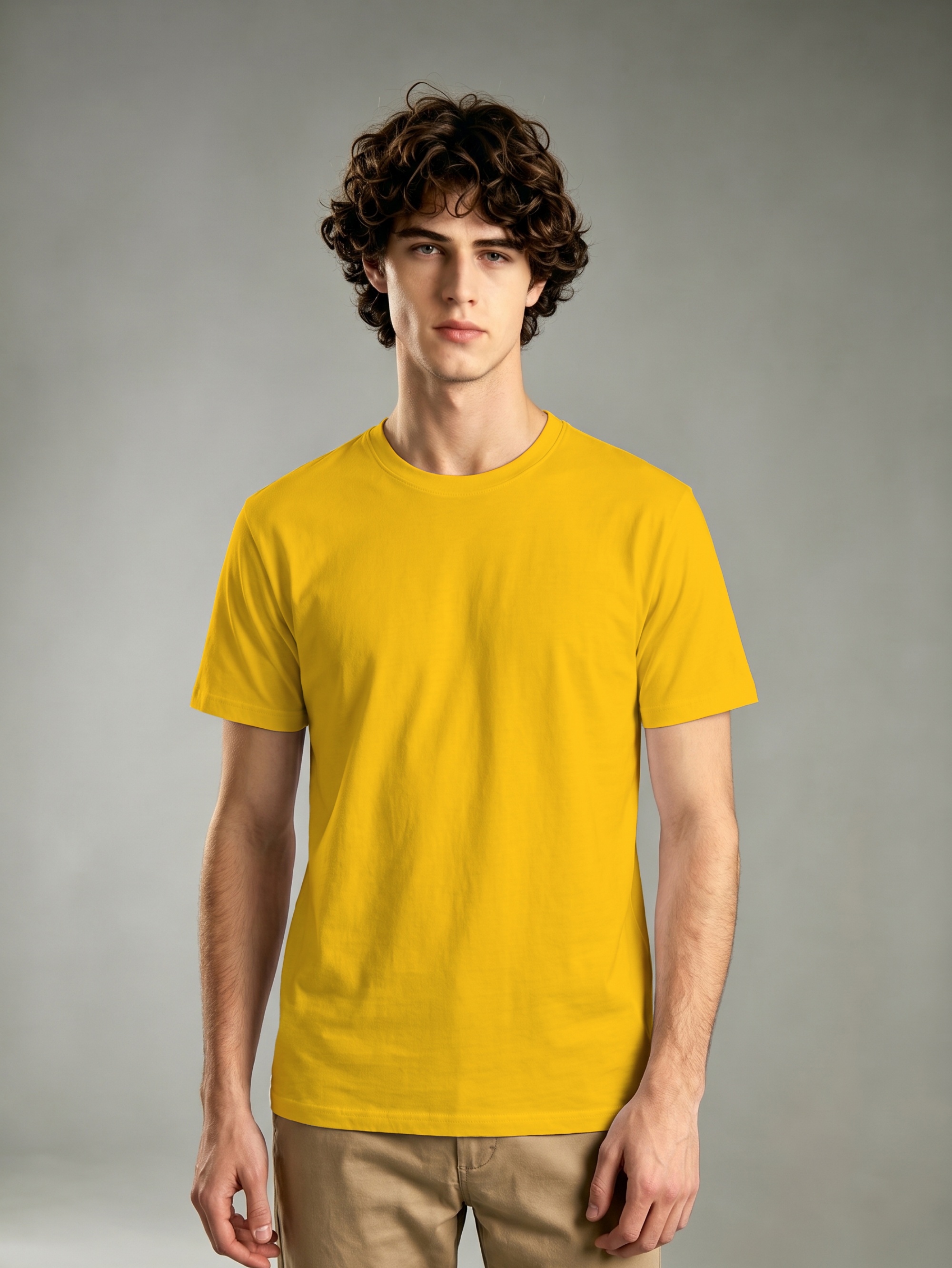 Yellow Solid Round Neck Regular T-Shirt