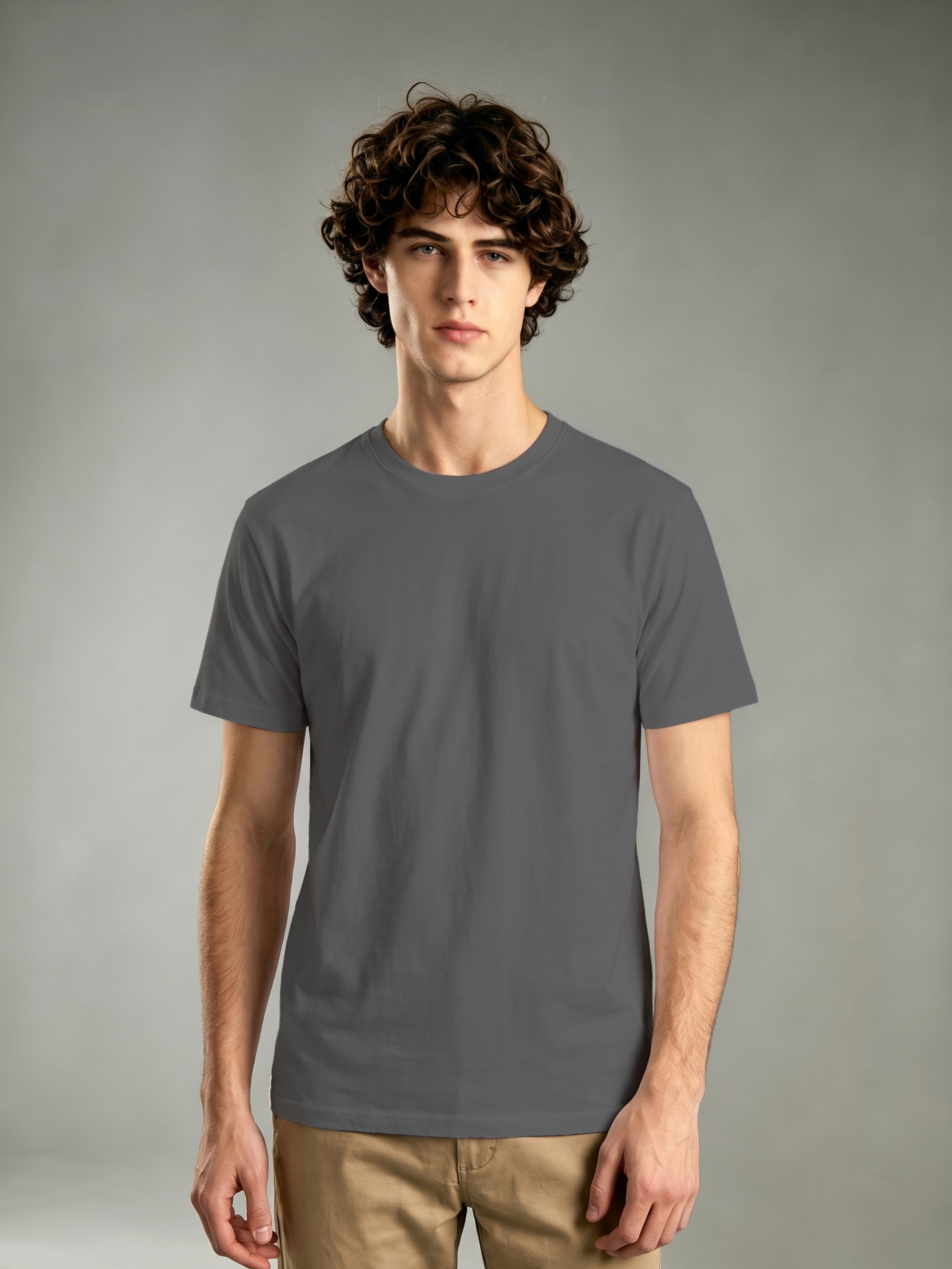 Charcoal Solid Round Neck Regular T-Shirt