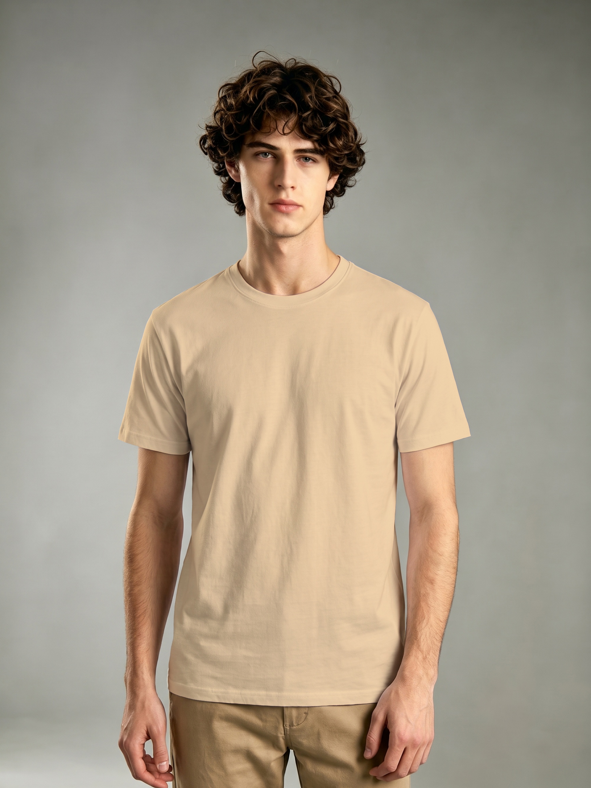 Khaki Solid Round Neck Regular T-Shirt