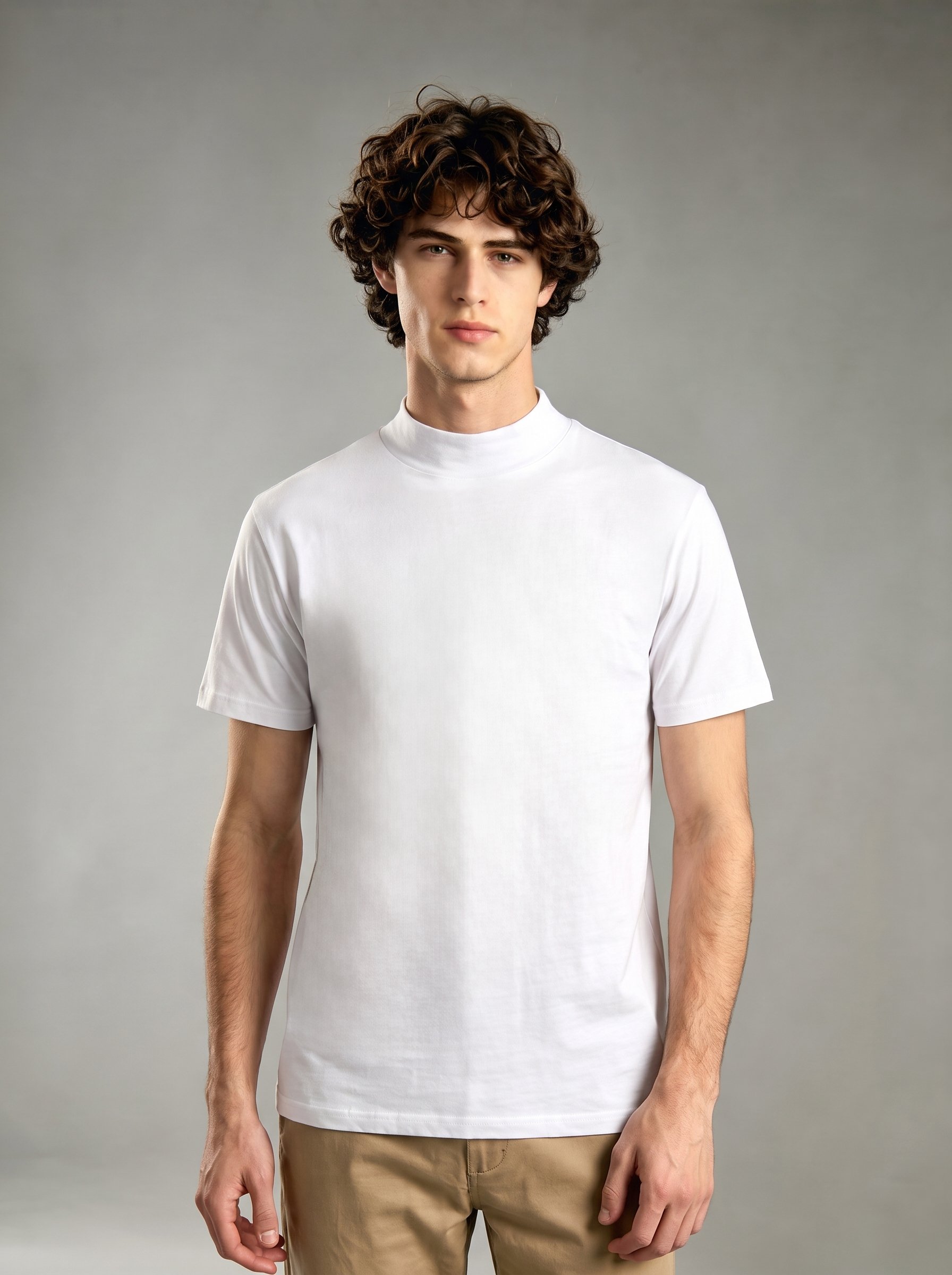 White Solid High Neck Regular T-Shirt