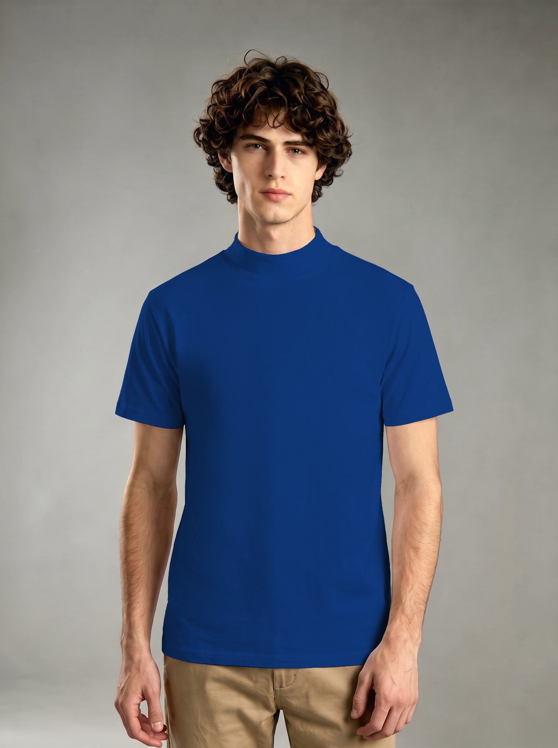 Medium Blue Solid High Neck Regular T-Shirt