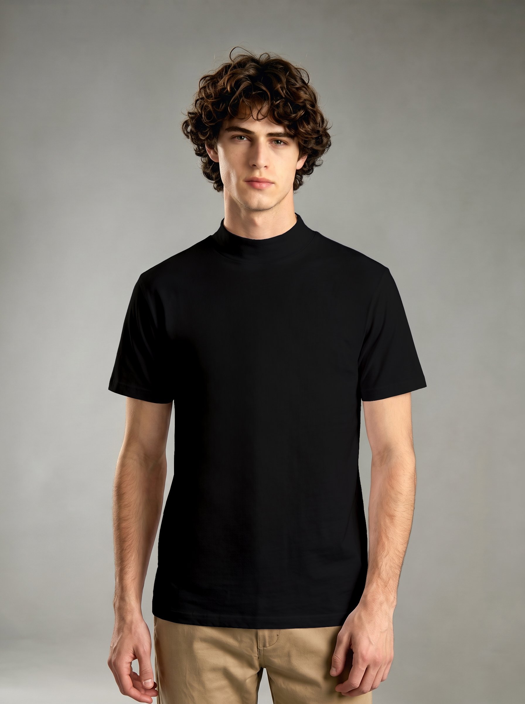 Black Solid High Neck Regular T-Shirt