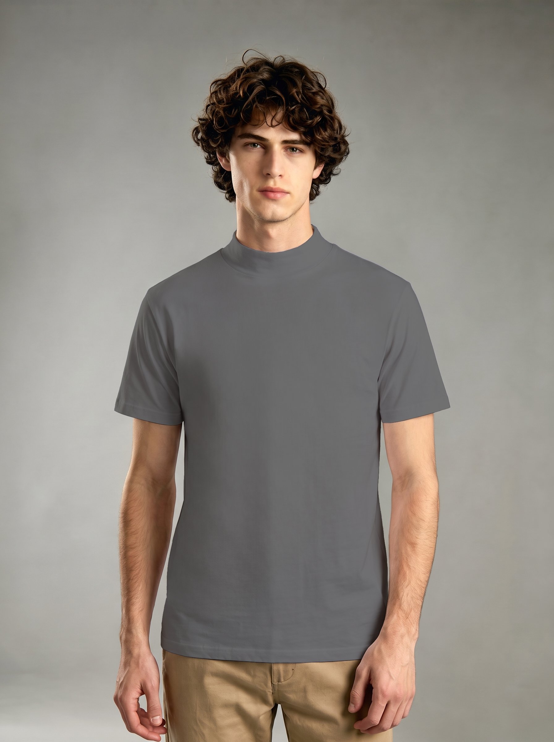 Charcoal Solid High Neck Regular T-Shirt