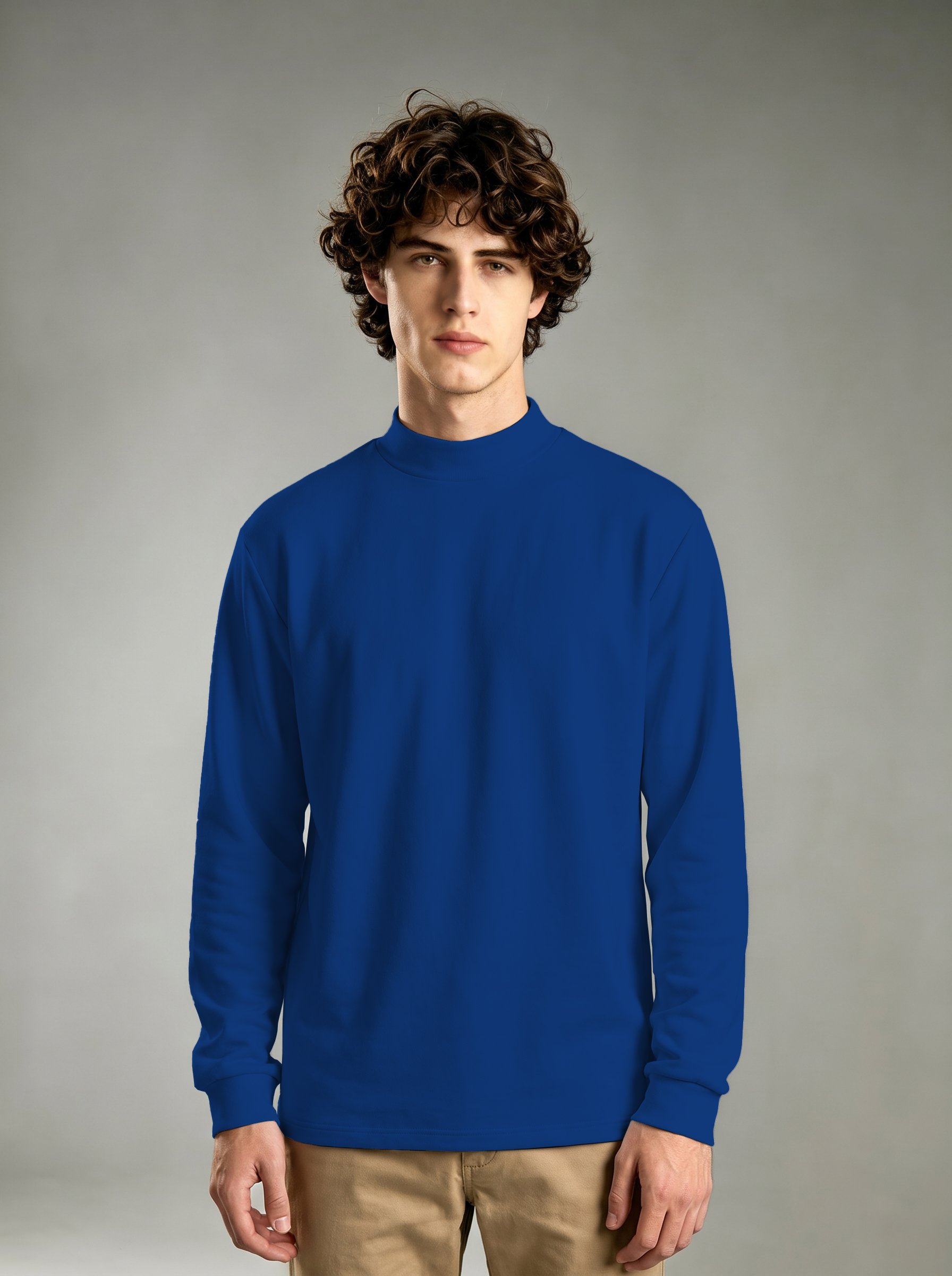 Medium Blue Solid High Neck Regular T-Shirt