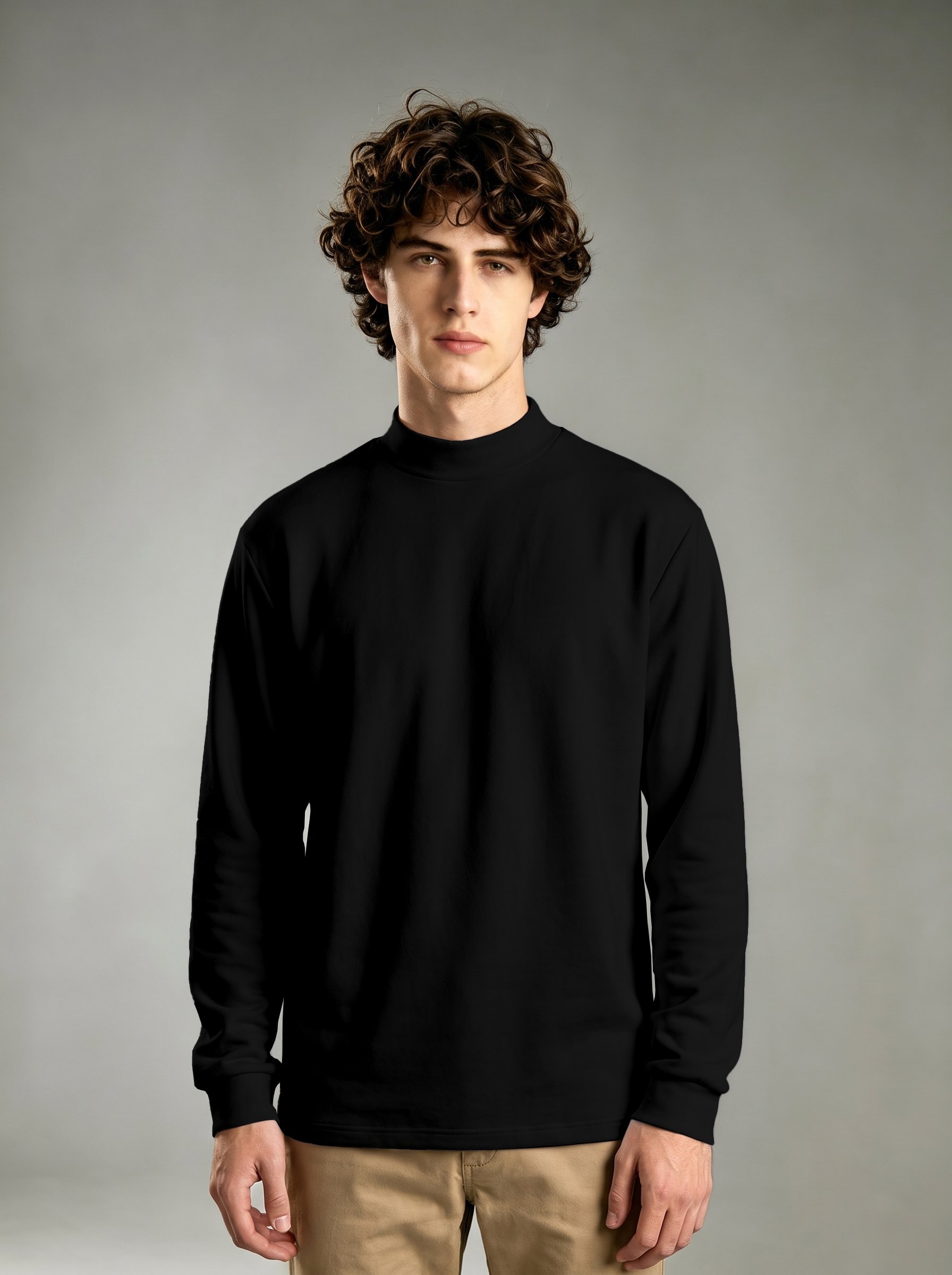 Black Solid High Neck Regular T-Shirt