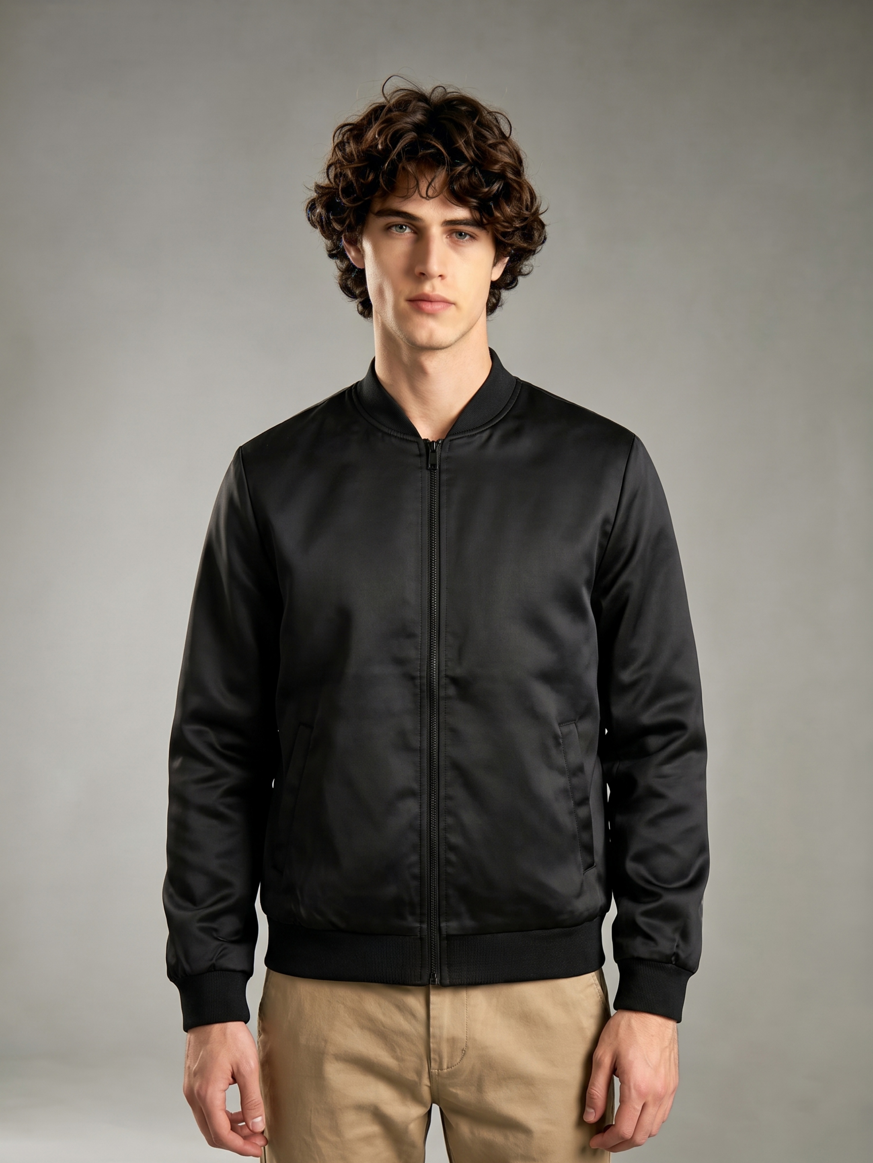 Black Solid Regular Bomber Jacket