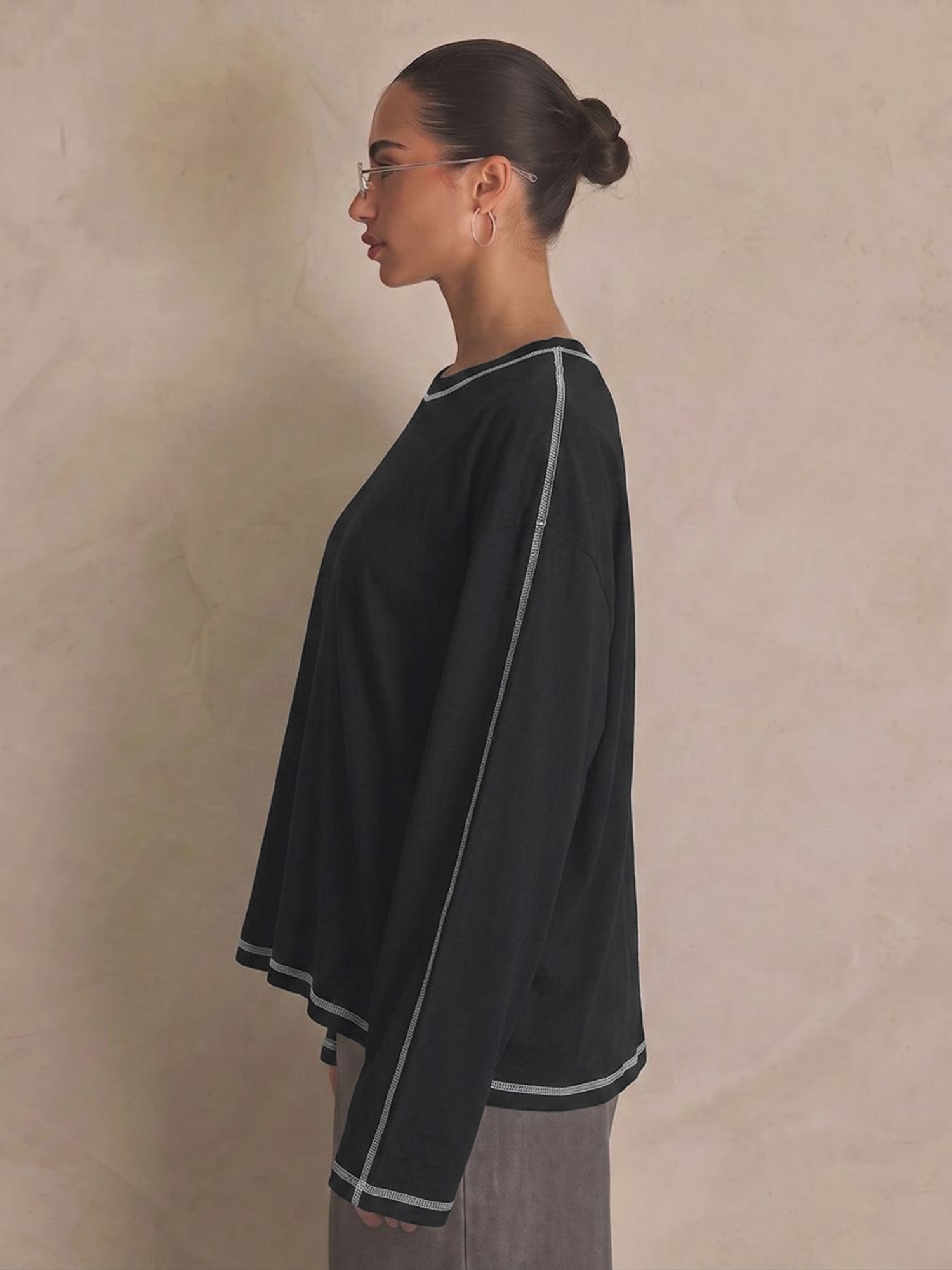 Black Solid Round Neck Top