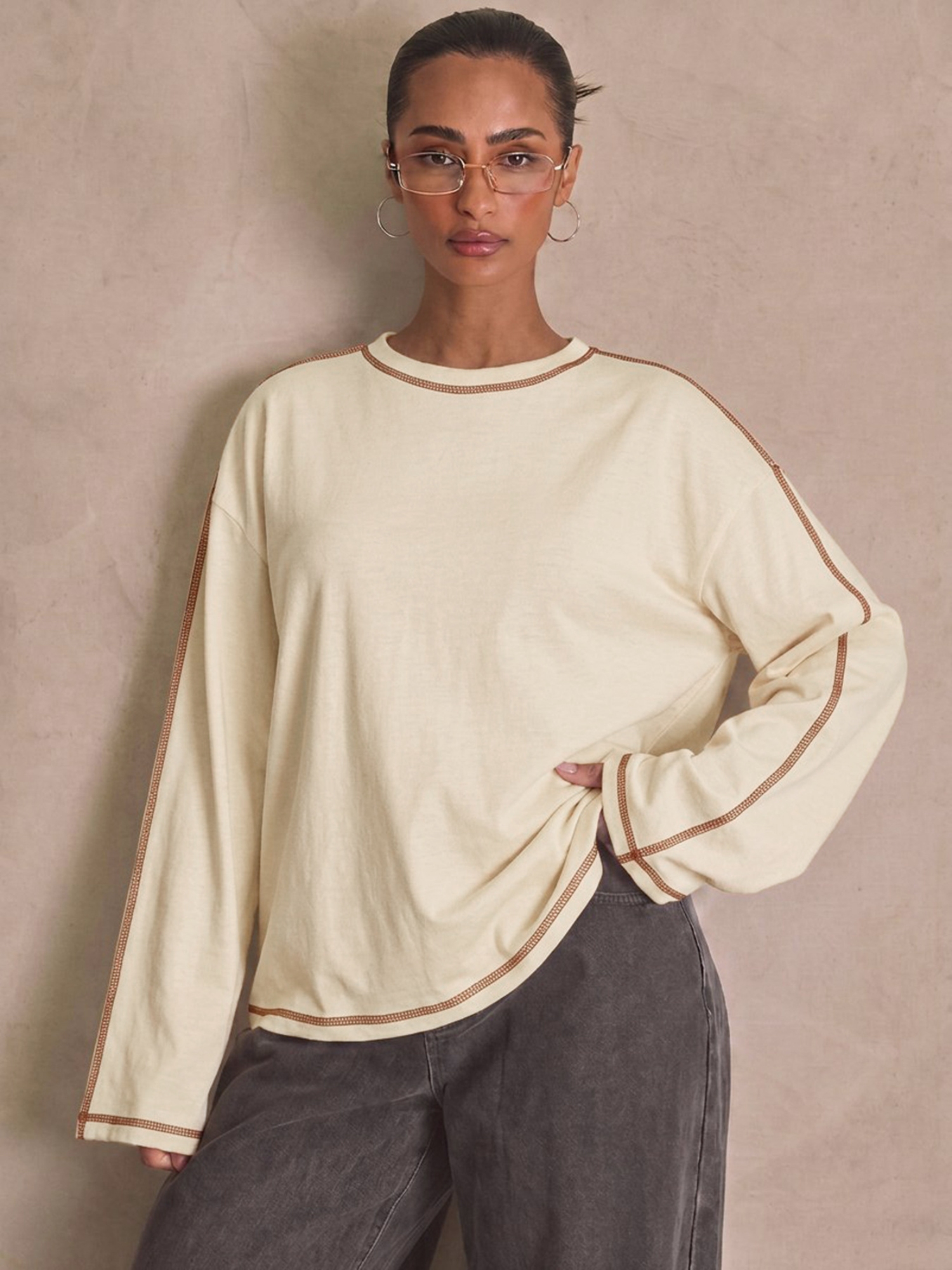 Cream Solid Round Neck Top