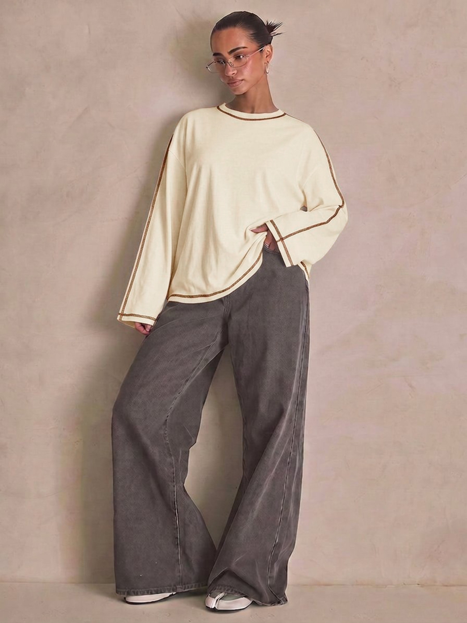 Cream Solid Round Neck Top