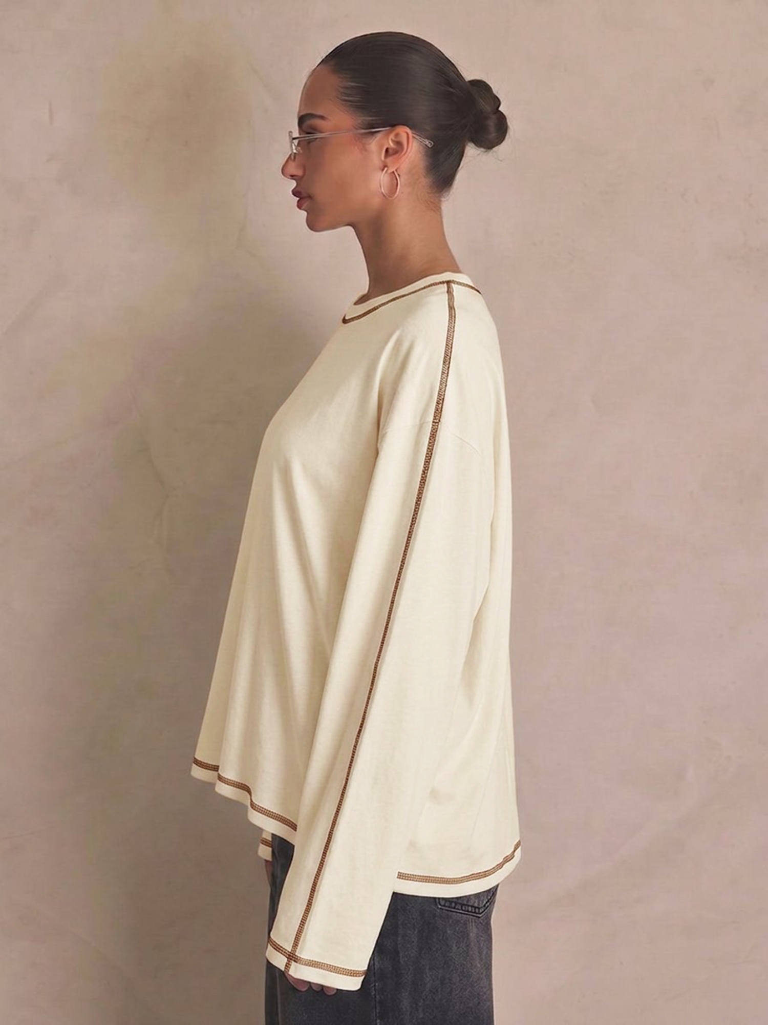 Cream Solid Round Neck Top