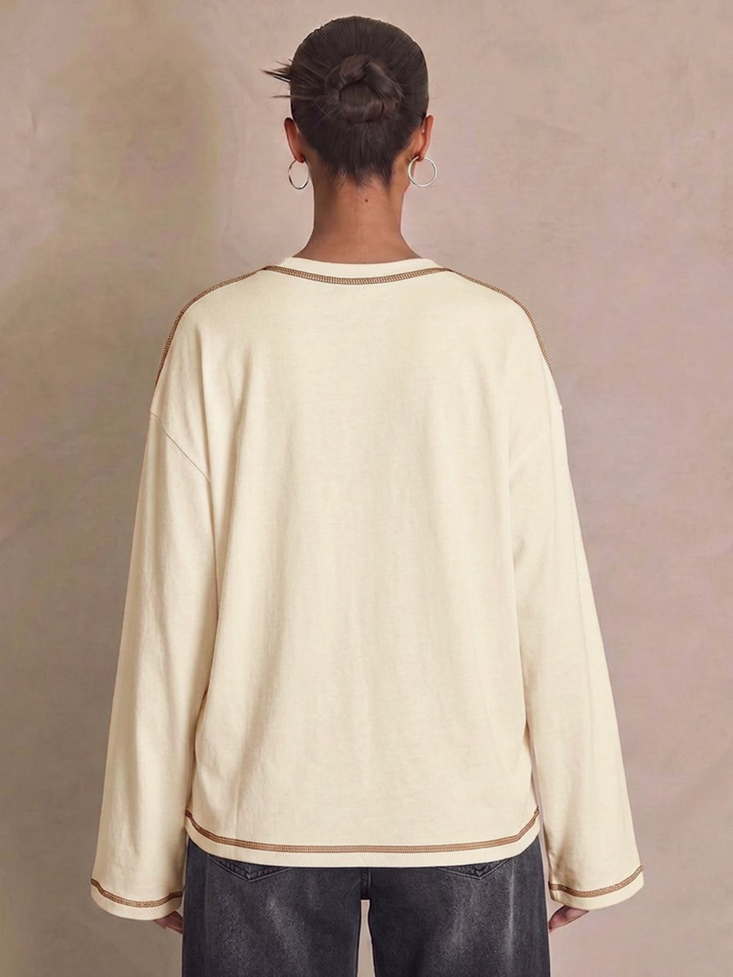 Cream Solid Round Neck Top
