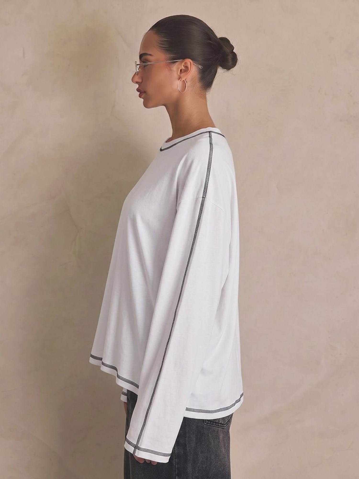 White Solid Round Neck Top