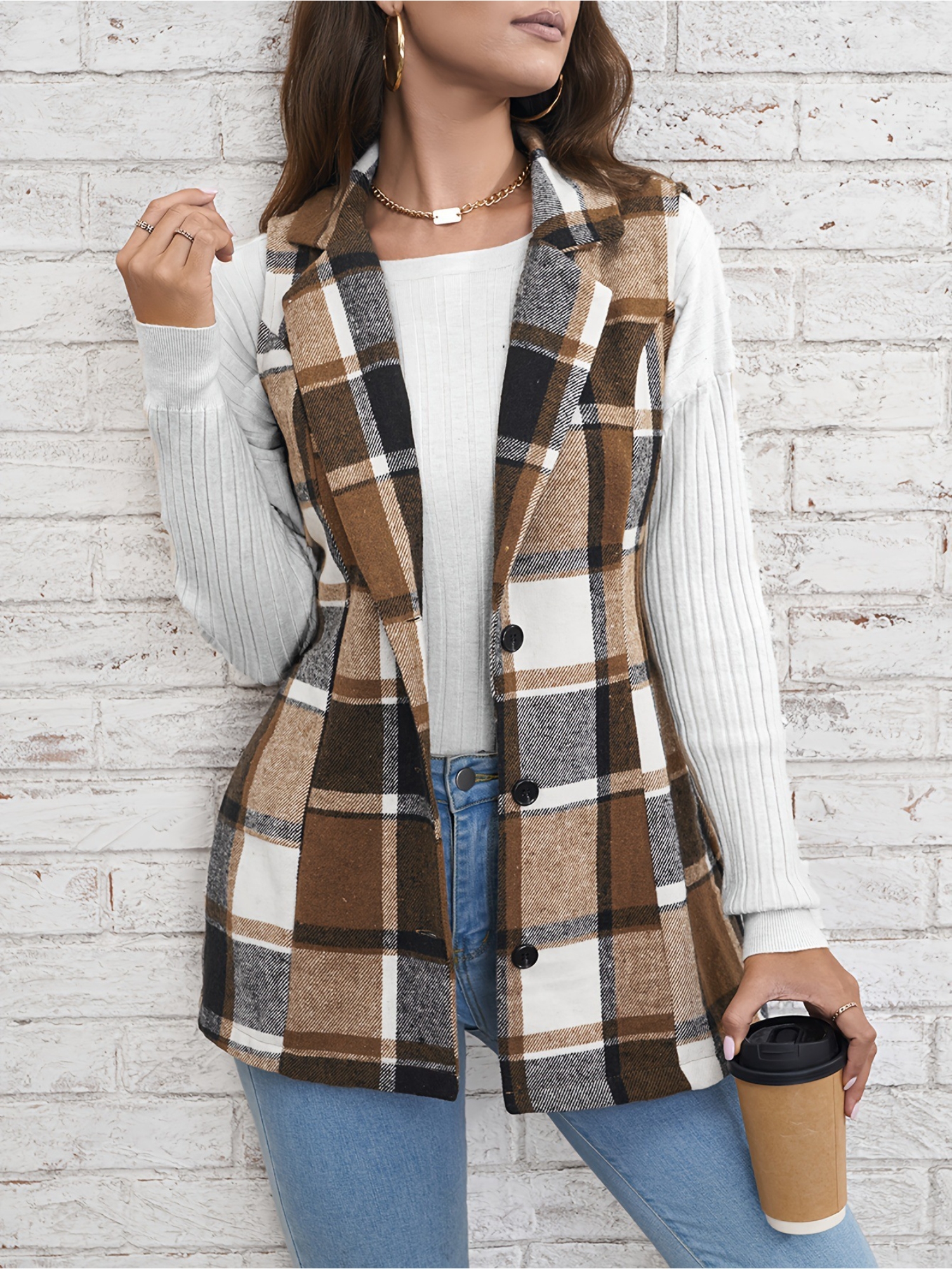 Brown Checked Regular Trench Coat