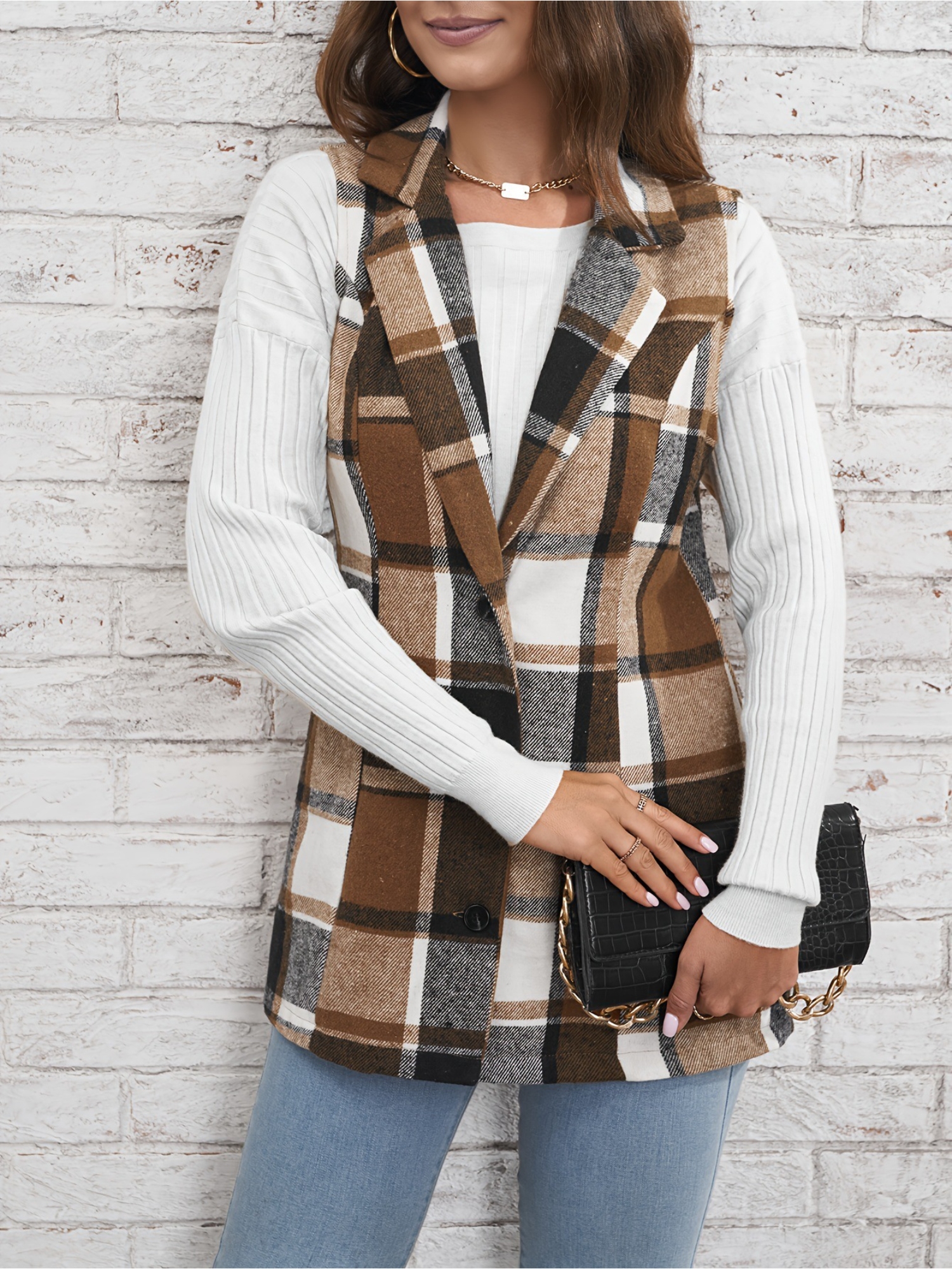 Brown Checked Regular Trench Coat
