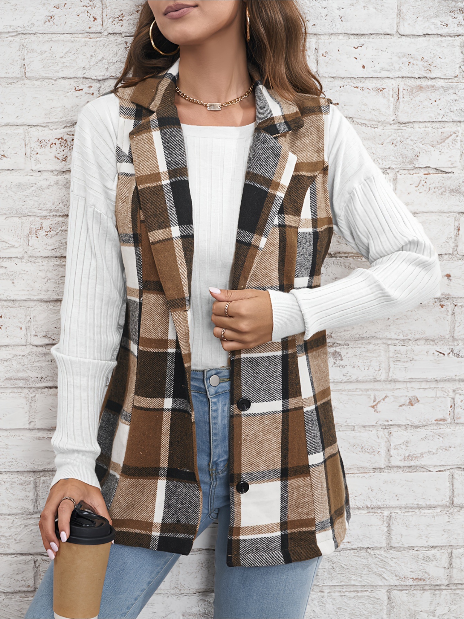 Brown Checked Regular Trench Coat