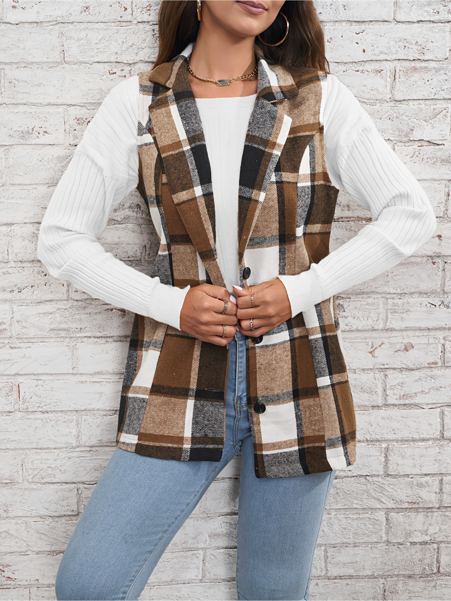 Brown Checked Regular Trench Coat