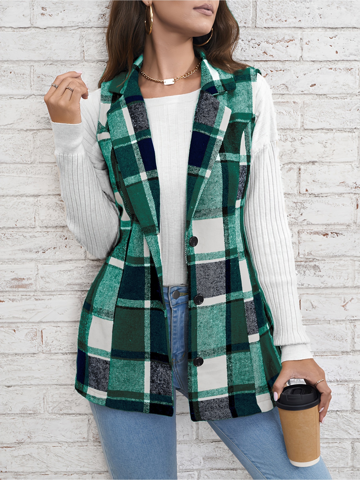 Green Checked Regular Trench Coat