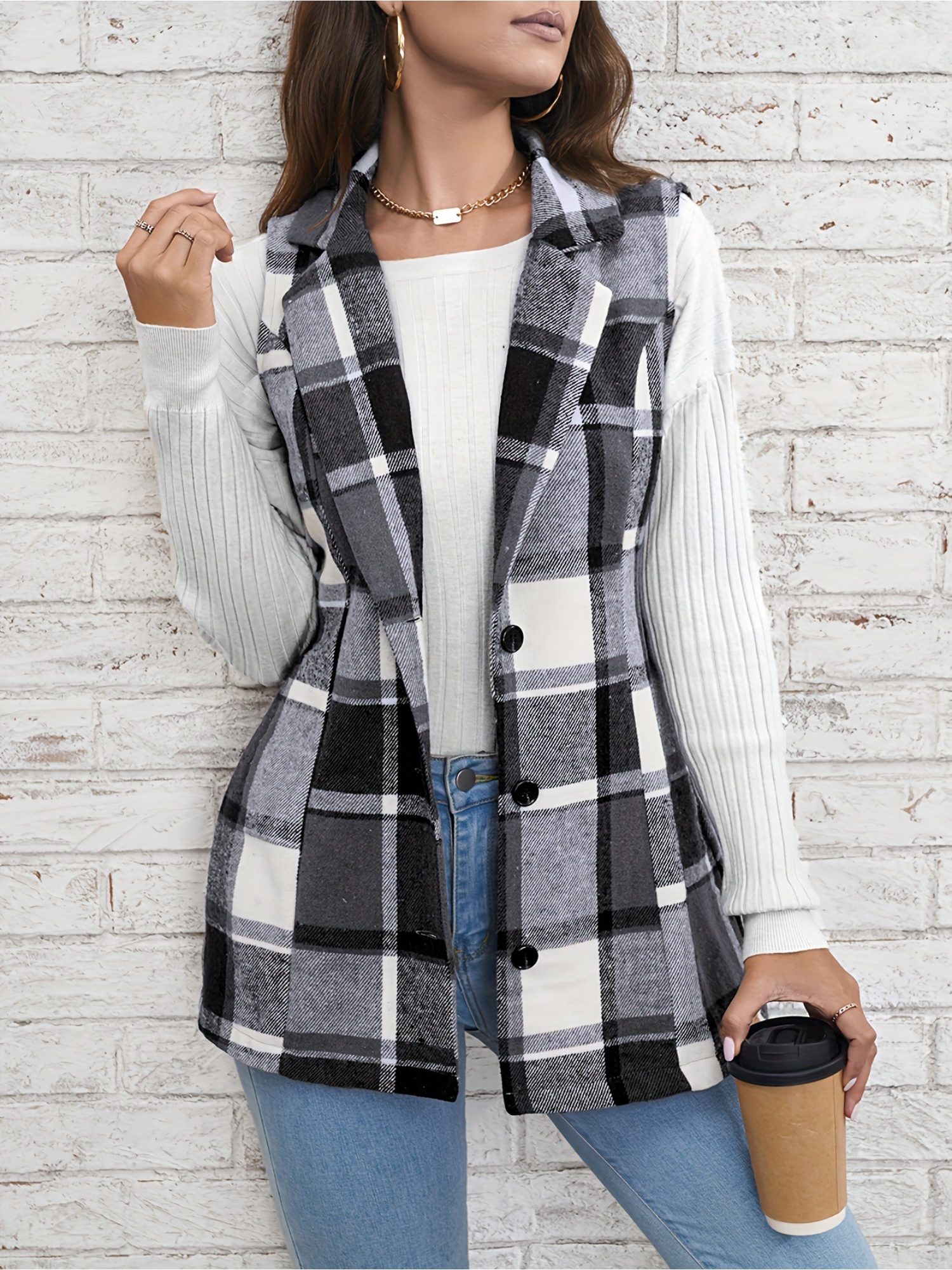 Grey Checked Regular Trench Coat