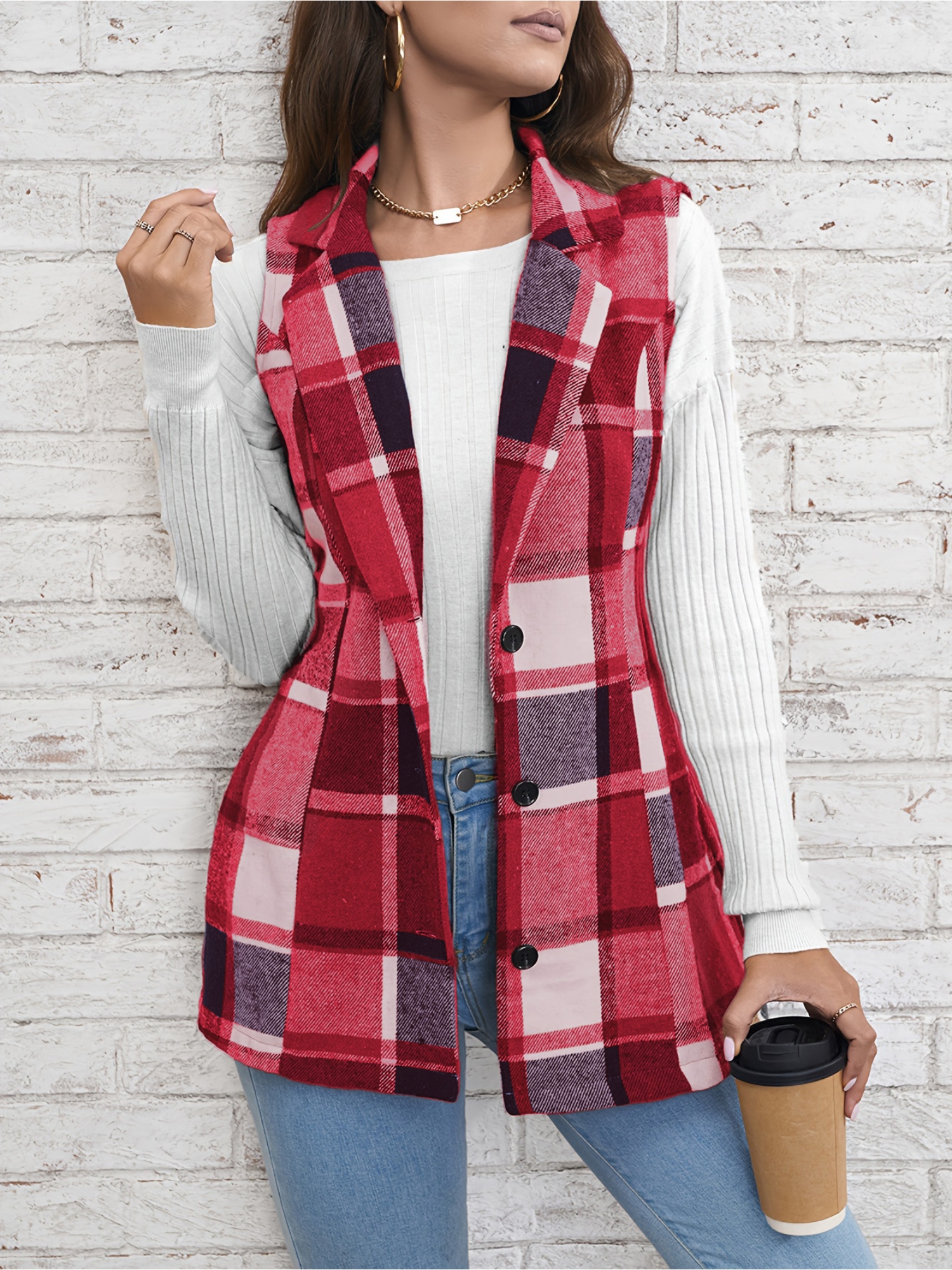 Red Checked Regular Trench Coat