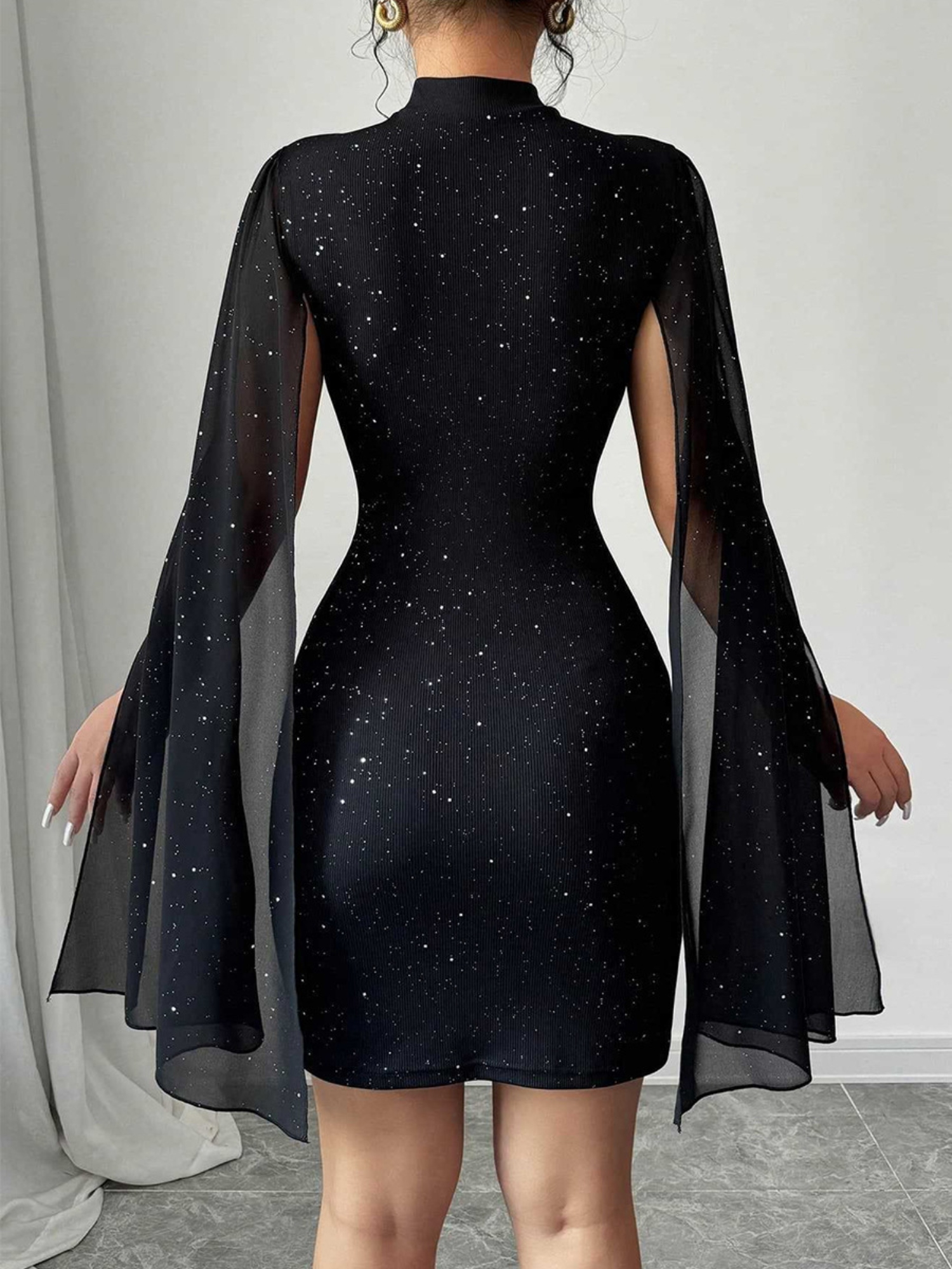 Black Solid High Neck Cape Mini Dress