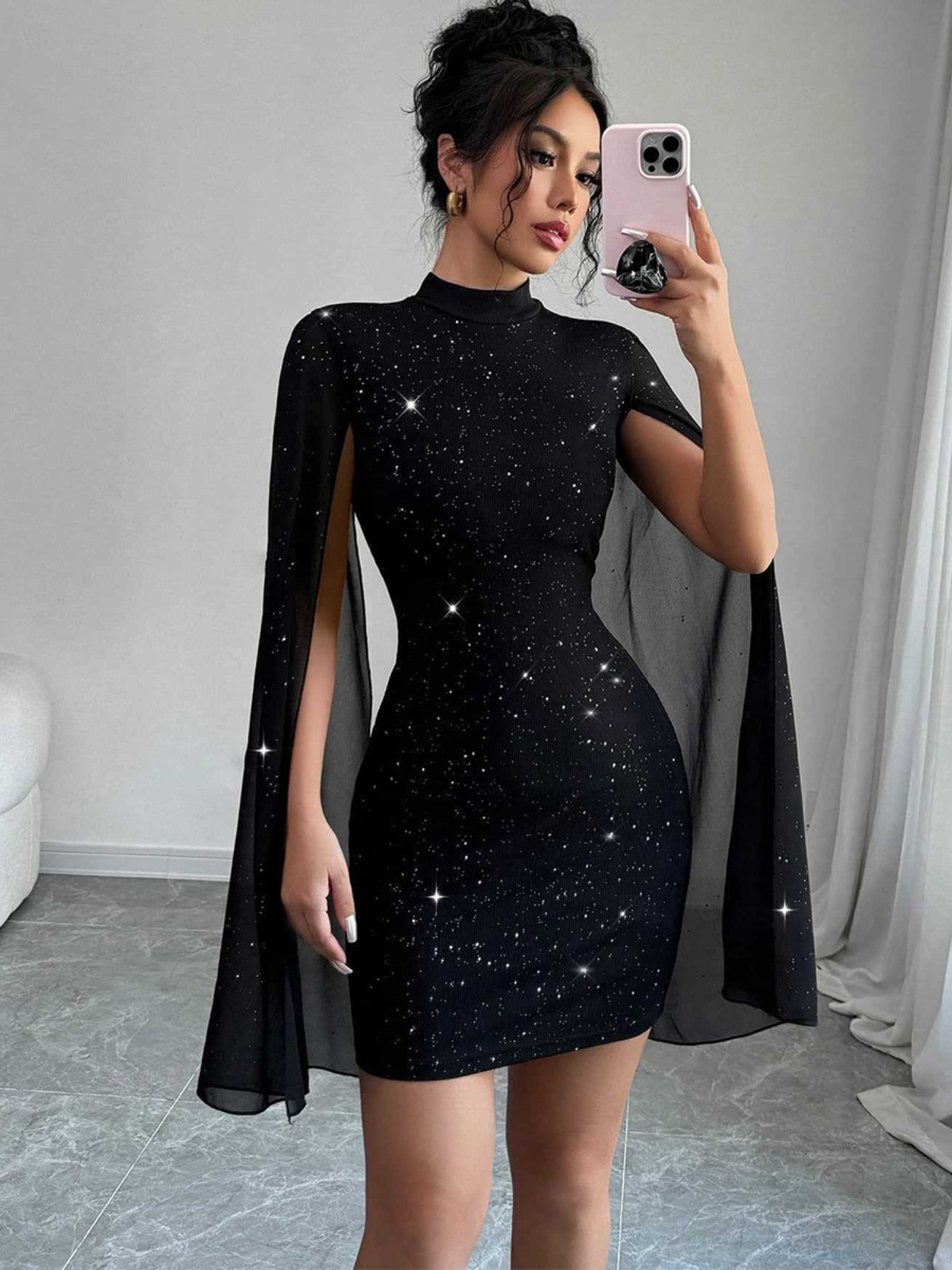 Black Solid High Neck Cape Mini Dress
