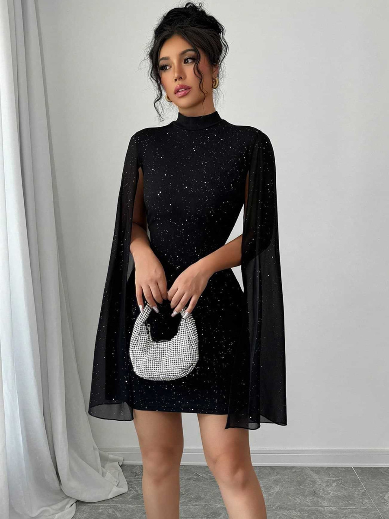 Black Solid High Neck Cape Mini Dress