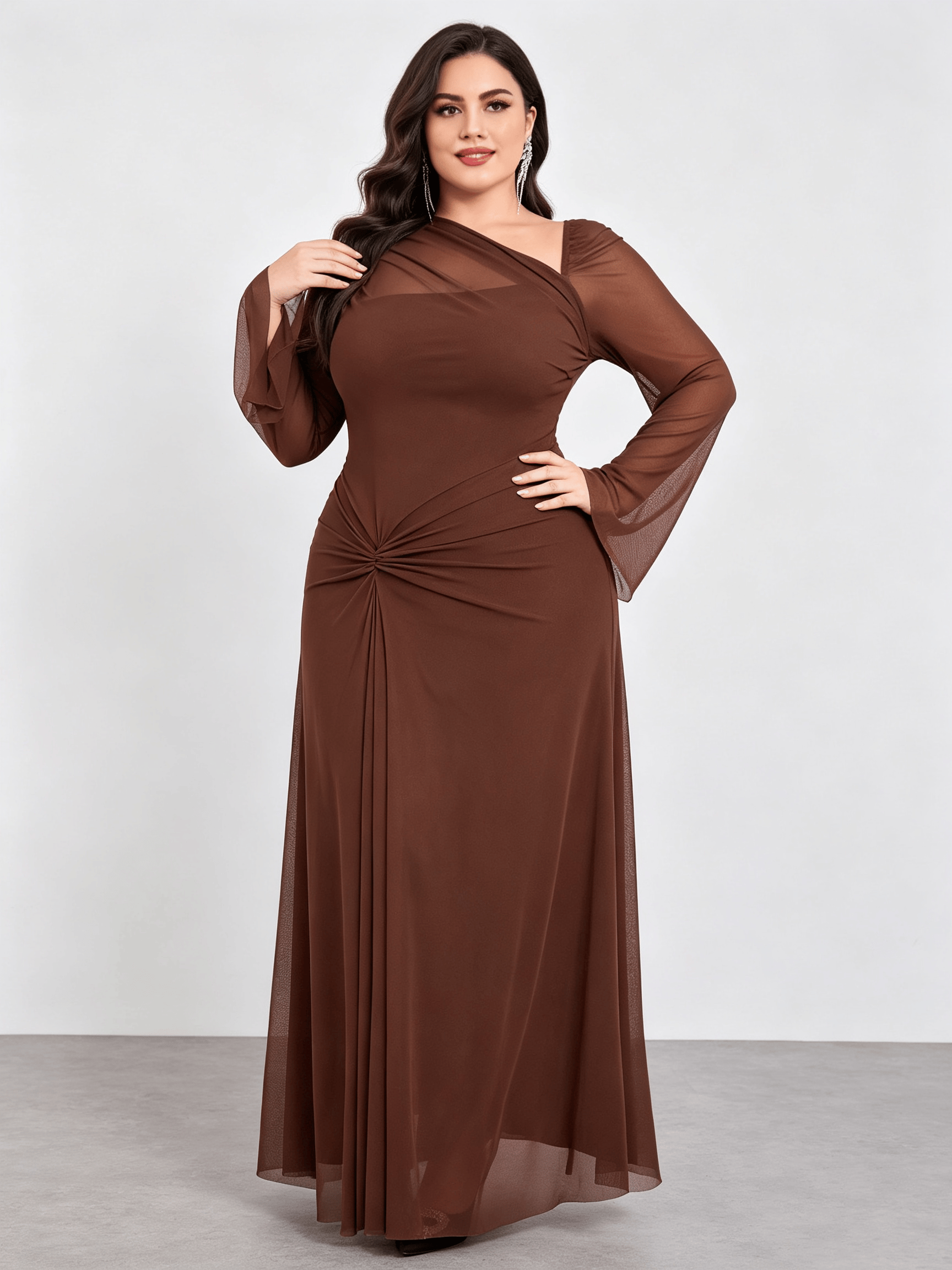 Brown Solid Asymmetric Neck A-Line Maxi Dress