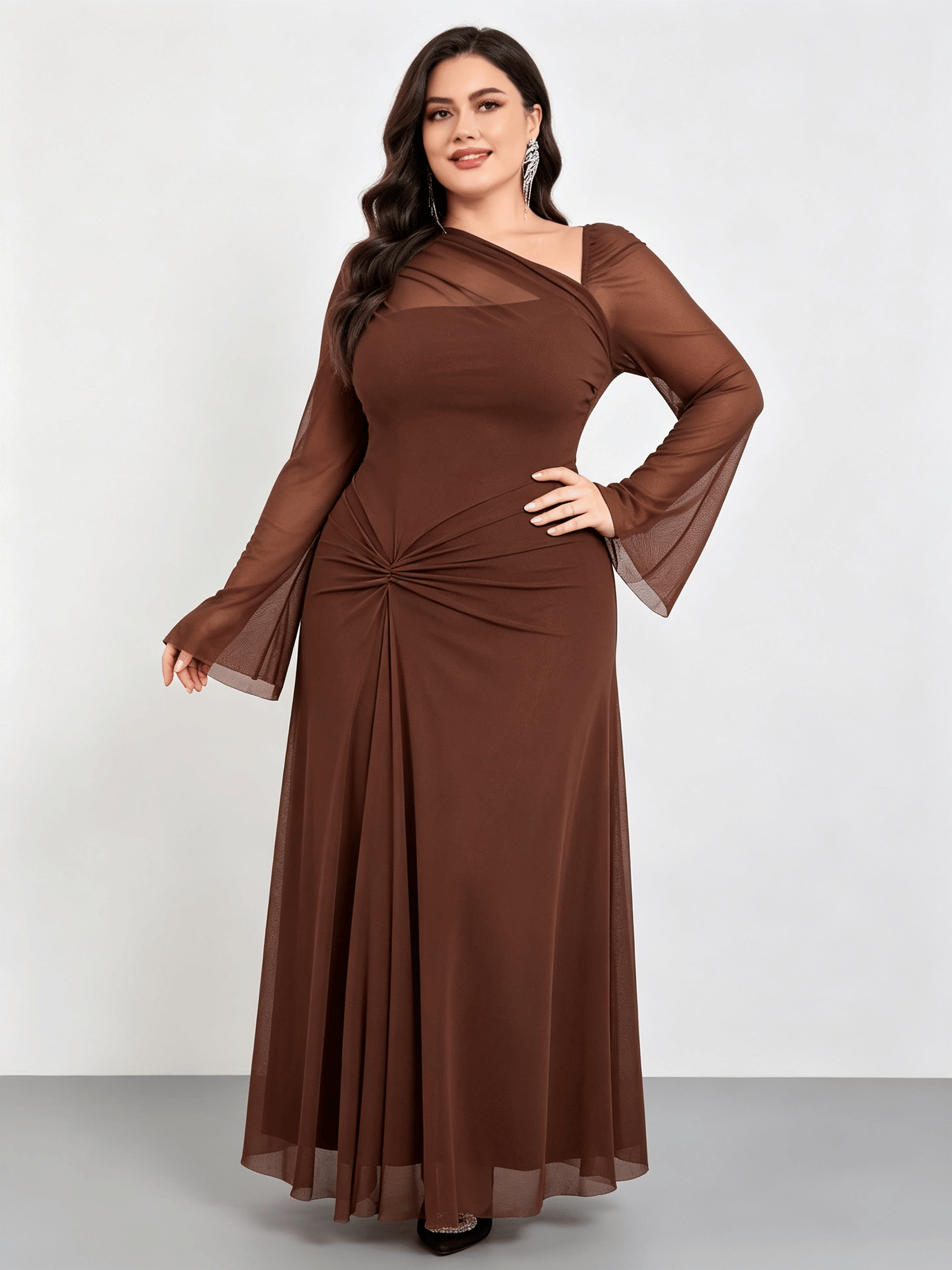 Brown Solid Asymmetric Neck A-Line Maxi Dress