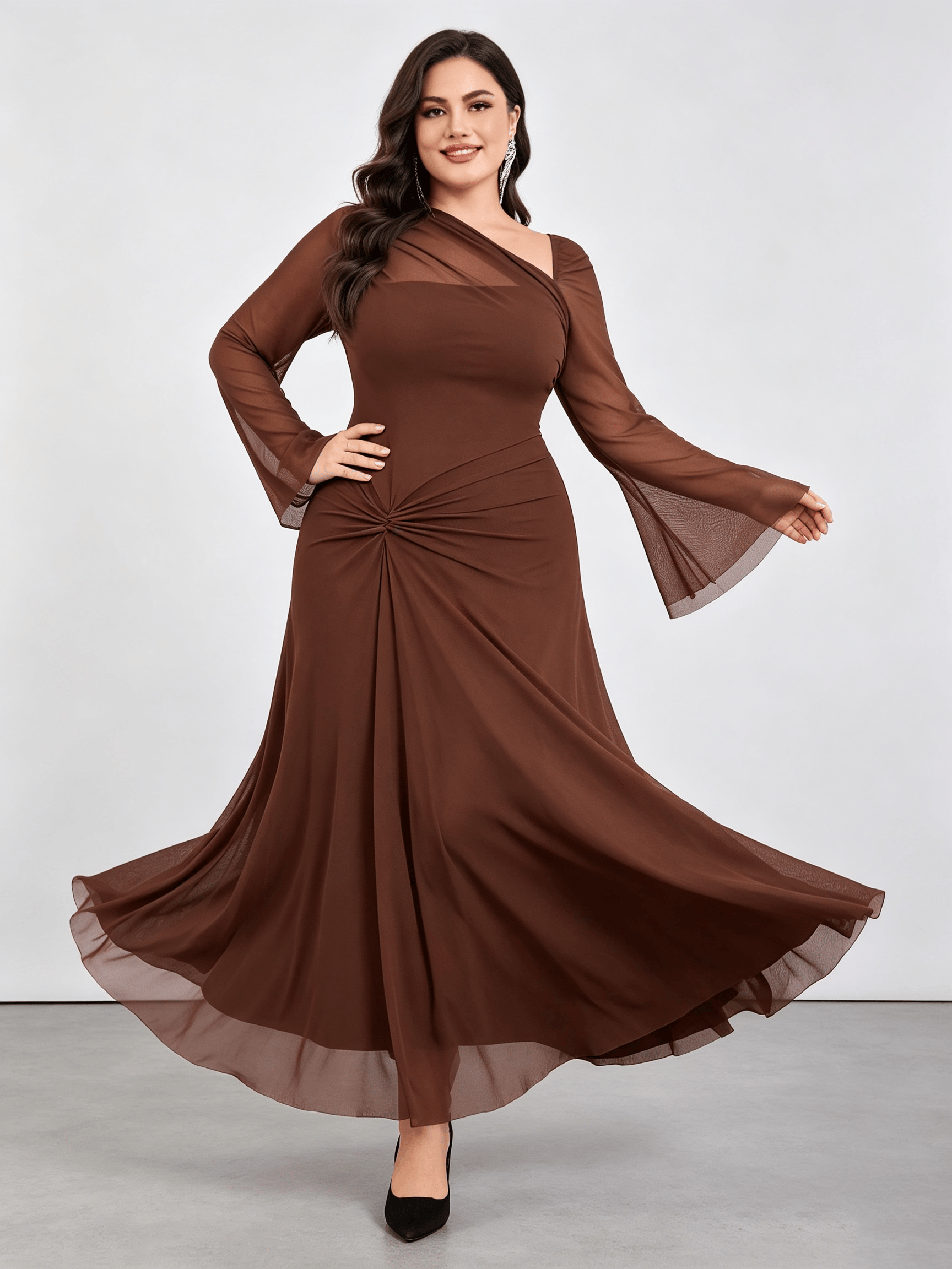 Brown Solid Asymmetric Neck A-Line Maxi Dress