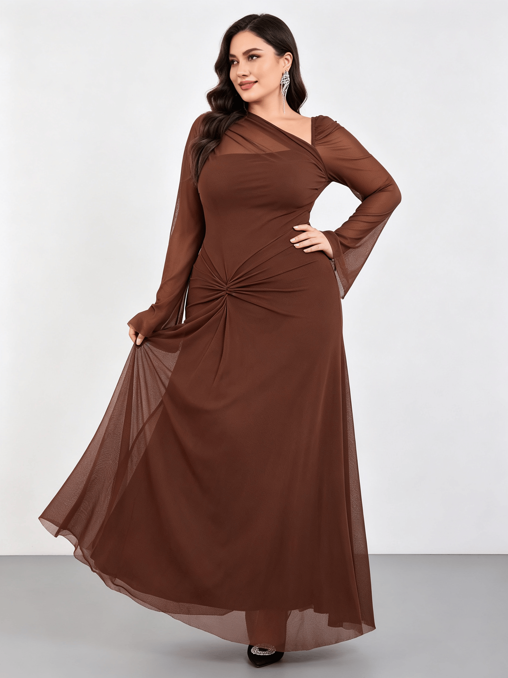 Brown Solid Asymmetric Neck A-Line Maxi Dress