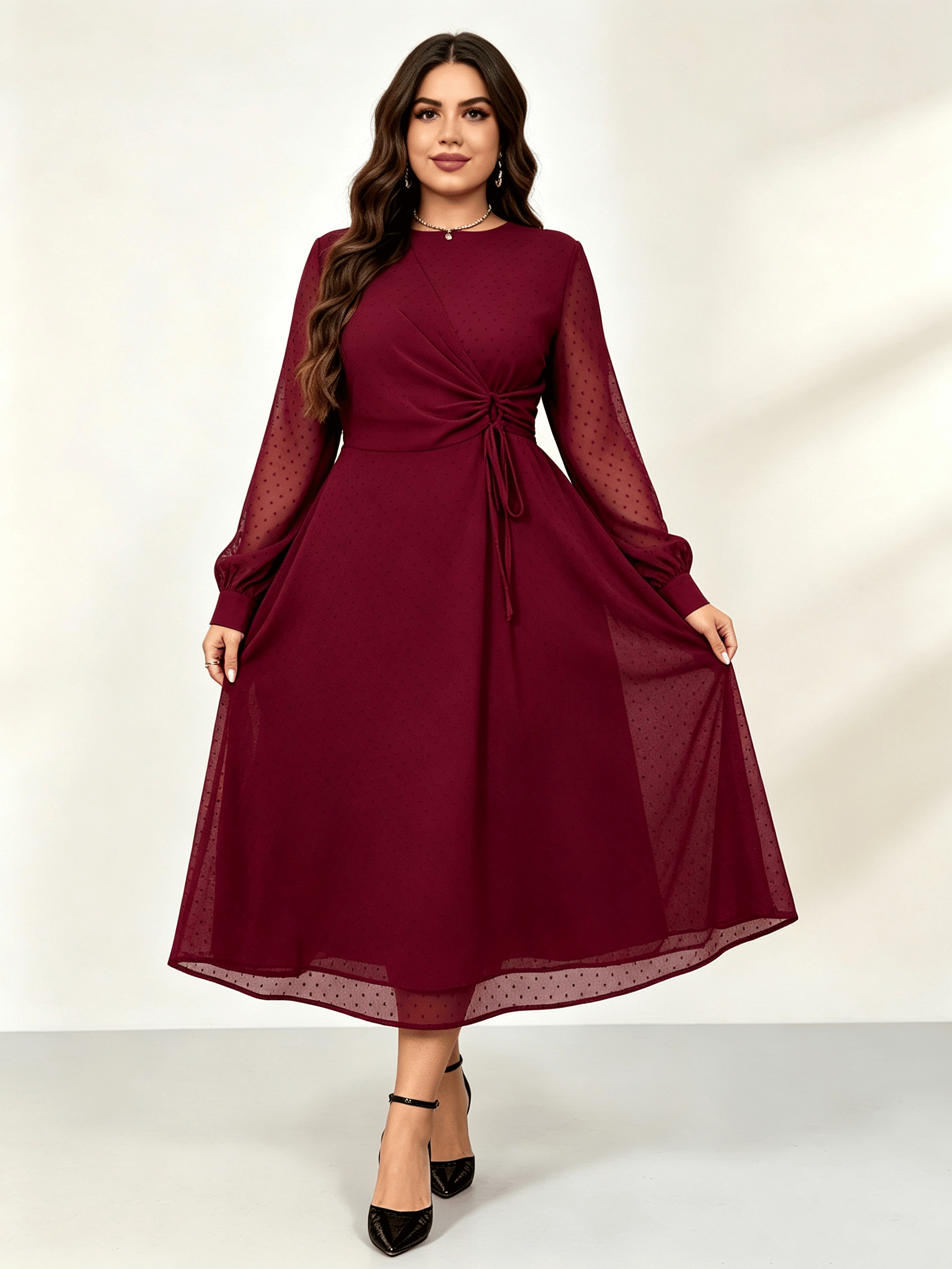 Burgundy Texture Round Neck Wrap Midi Dress