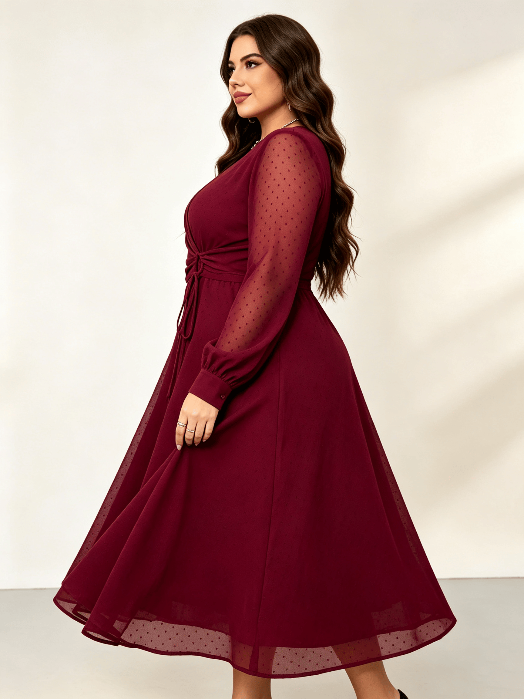 Burgundy Texture Round Neck Wrap Midi Dress
