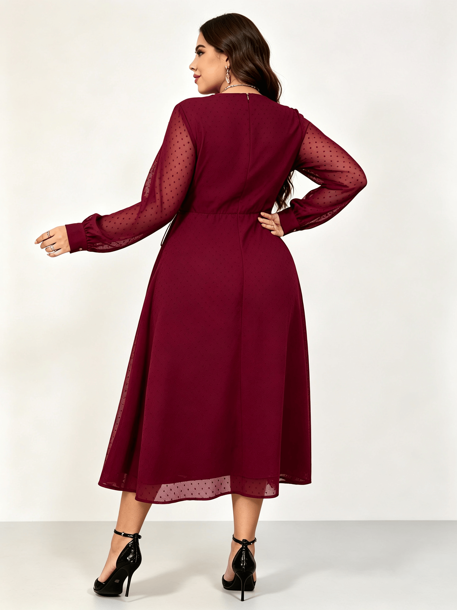 Burgundy Texture Round Neck Wrap Midi Dress