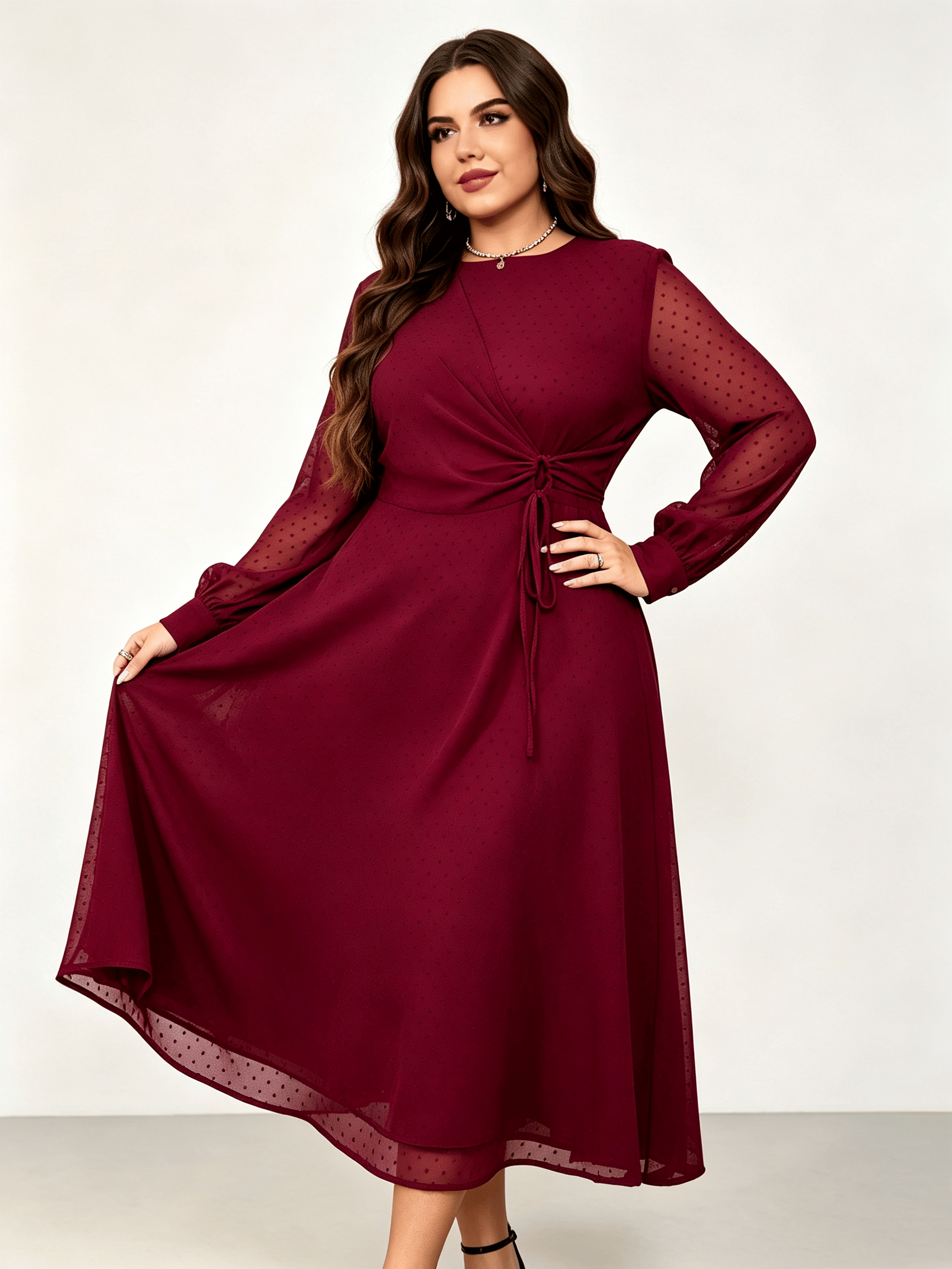 Burgundy Texture Round Neck Wrap Midi Dress