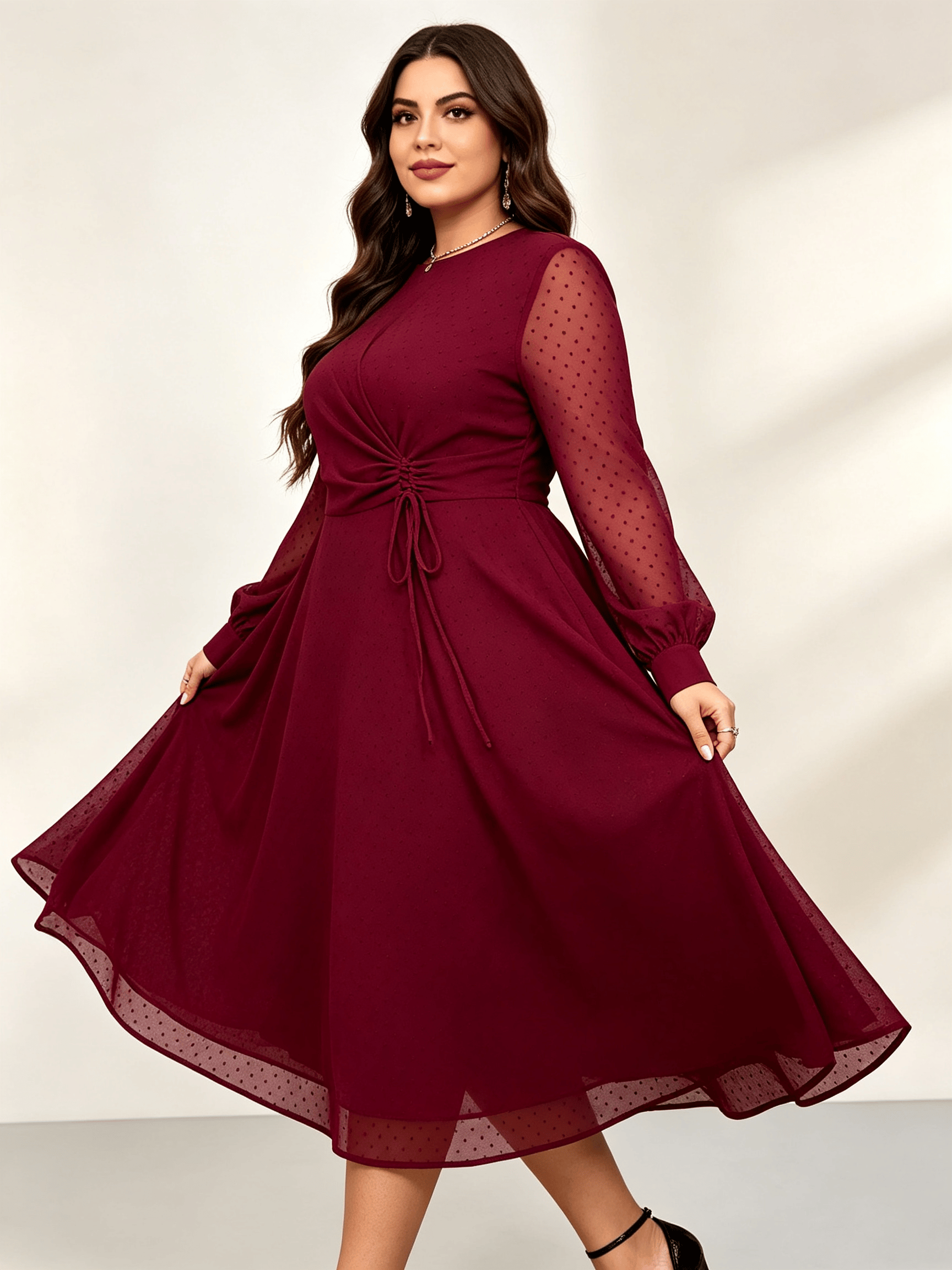 Burgundy Texture Round Neck Wrap Midi Dress