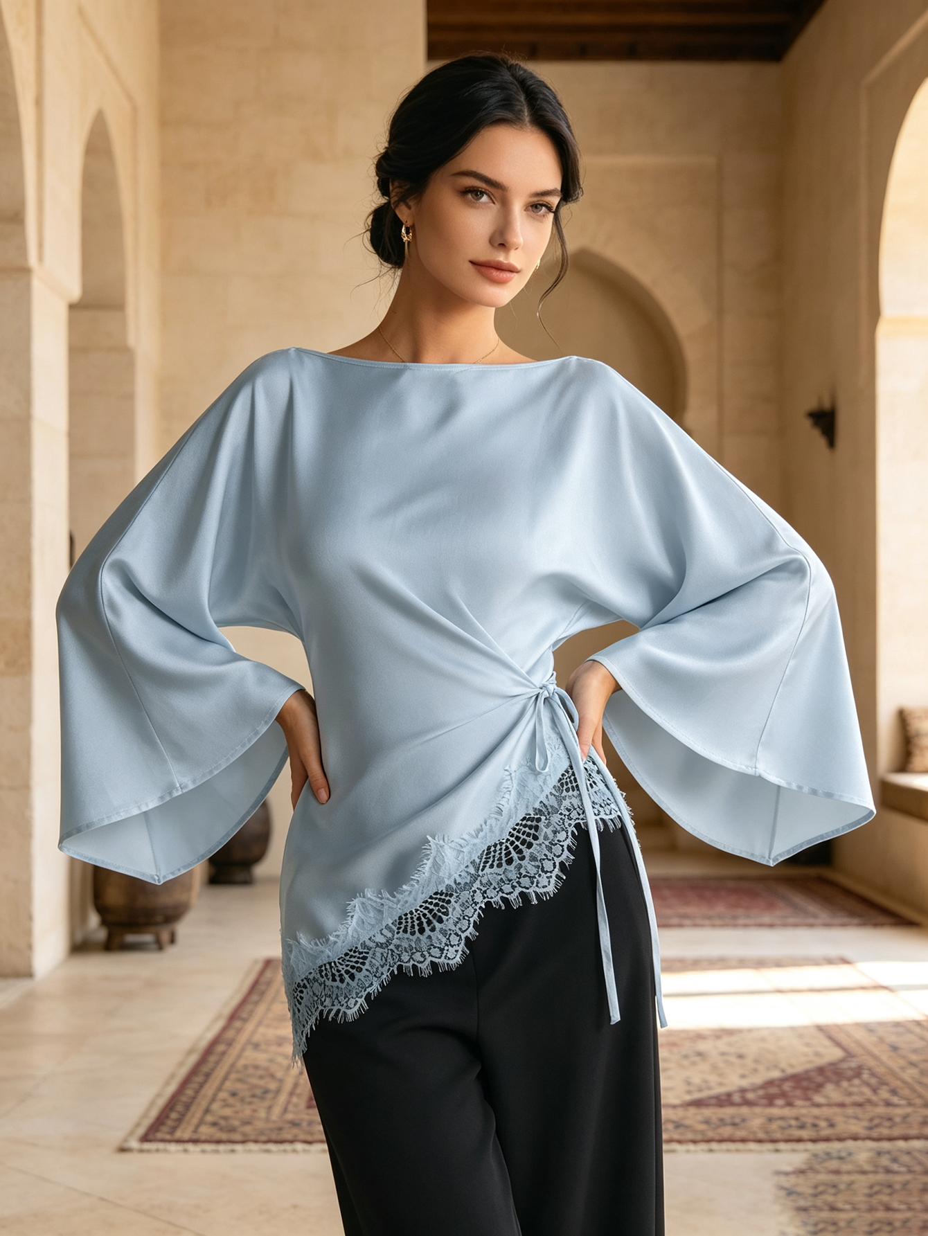 Light Blue Solid Boat Neck Top