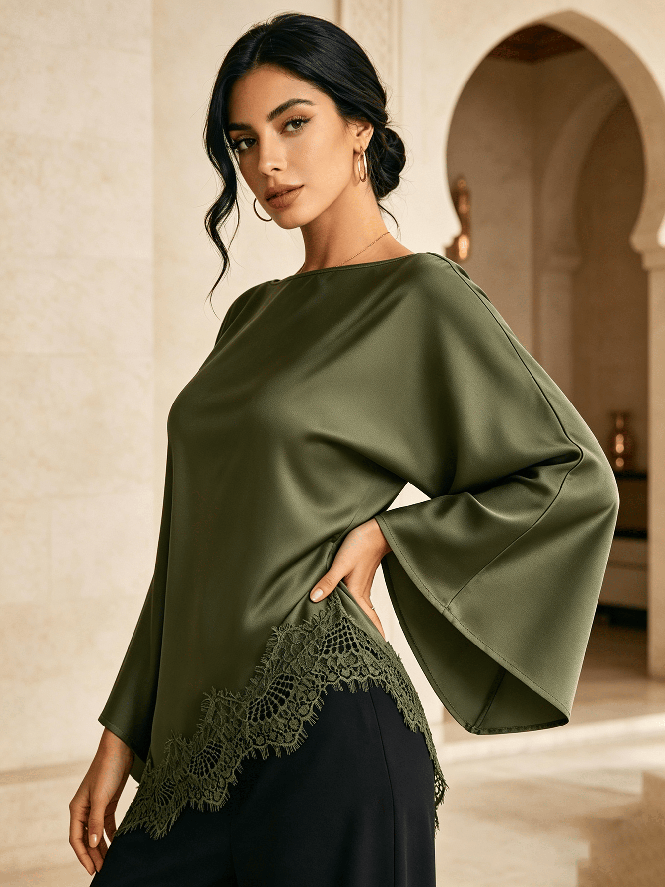 Olive Lace Detail Boat Neck Top