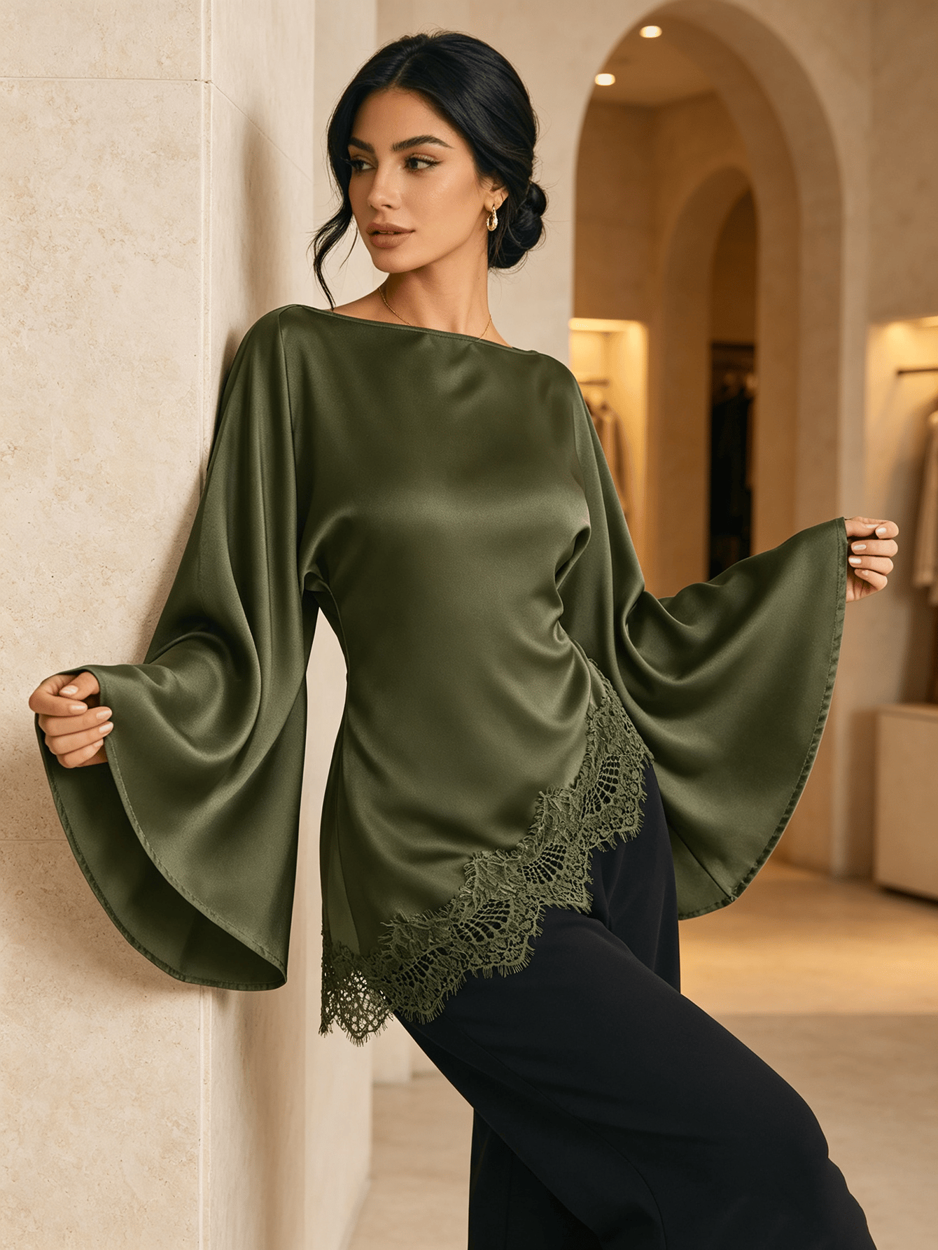 Olive Lace Detail Boat Neck Top