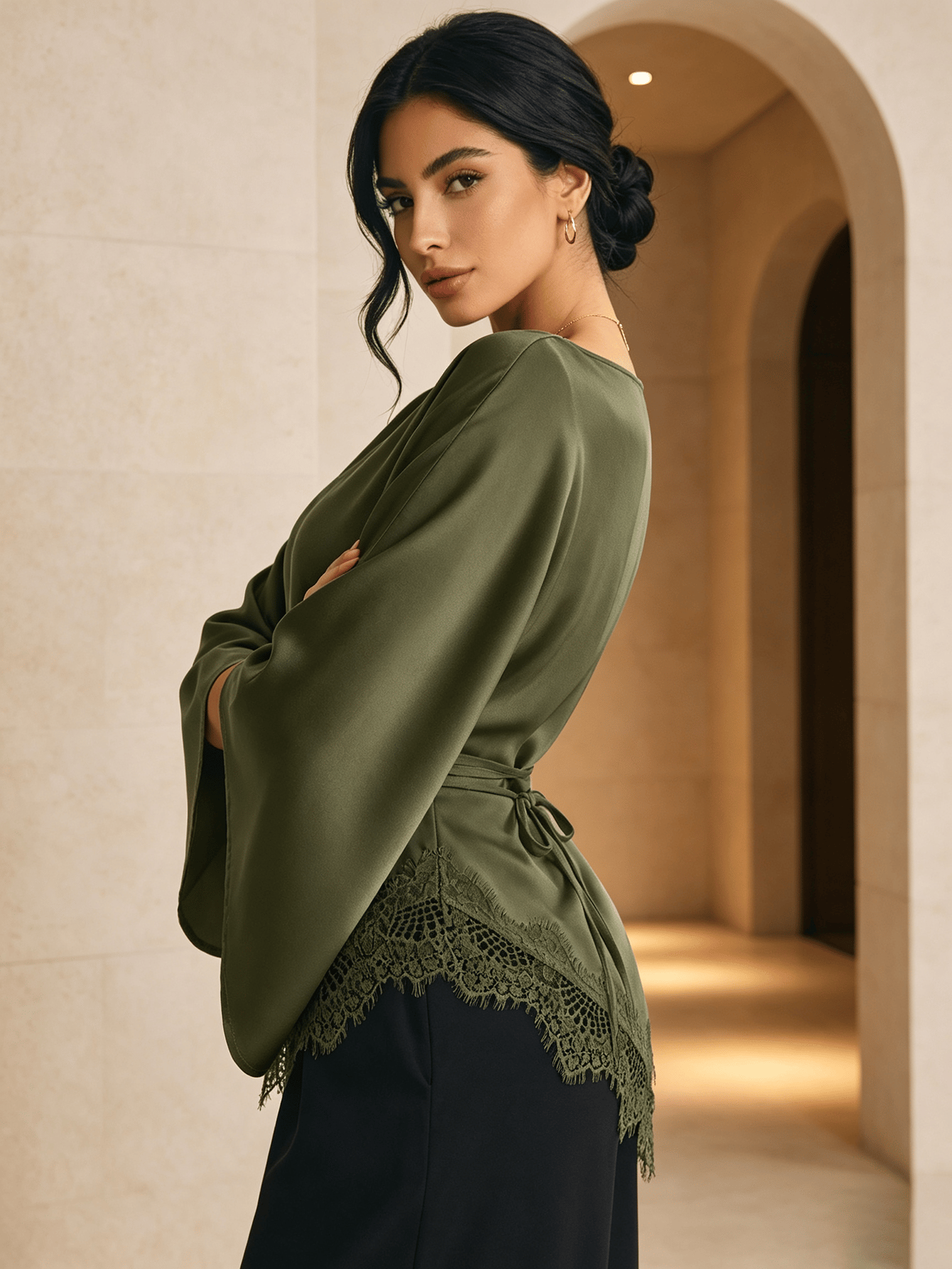 Olive Lace Detail Boat Neck Top