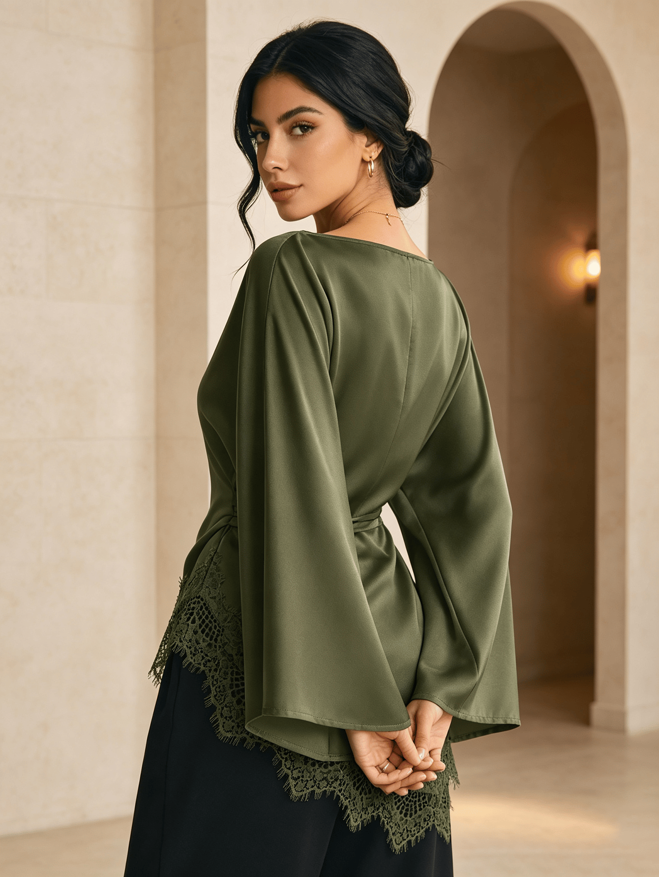 Olive Lace Detail Boat Neck Top