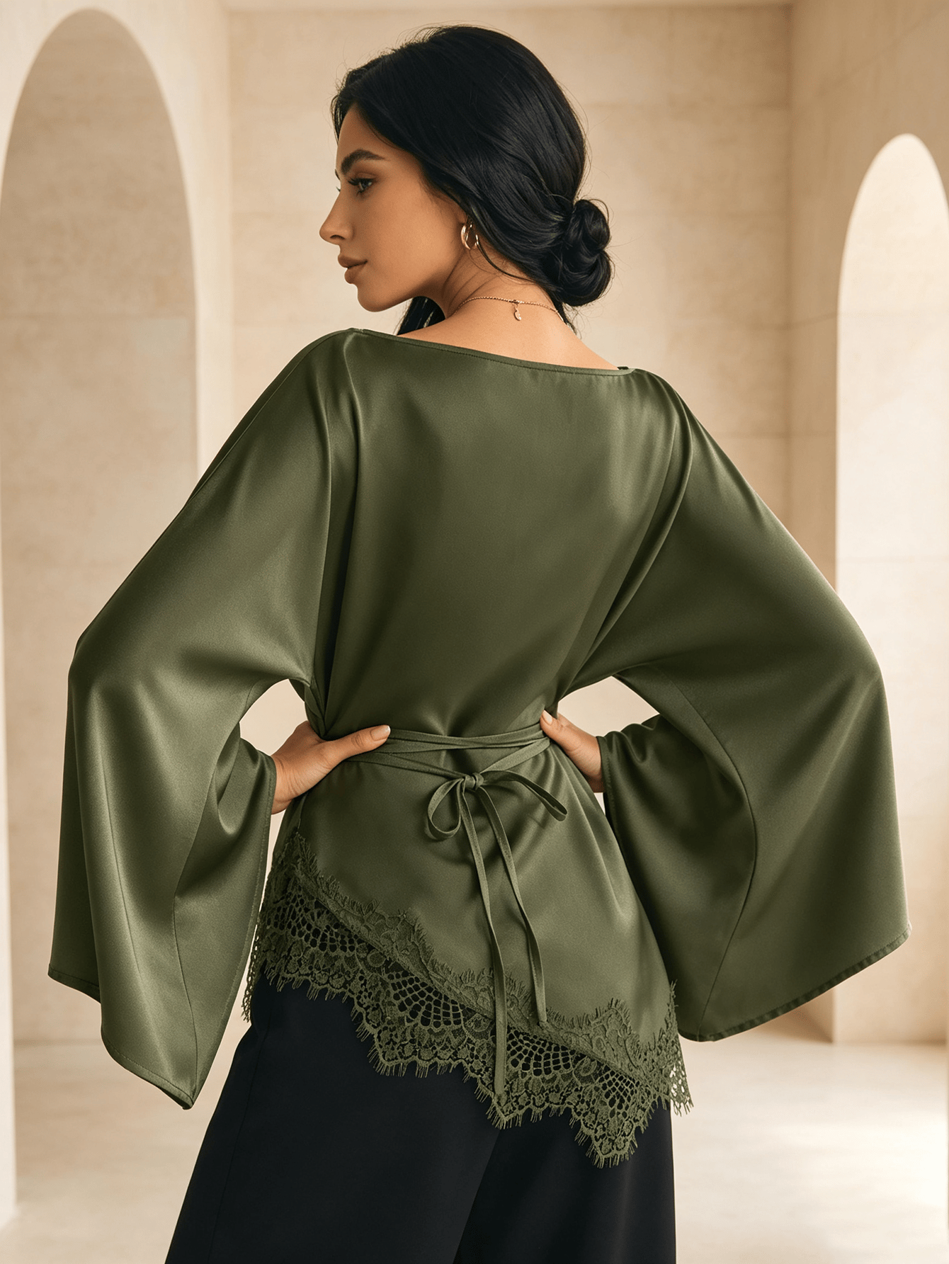 Olive Lace Detail Boat Neck Top
