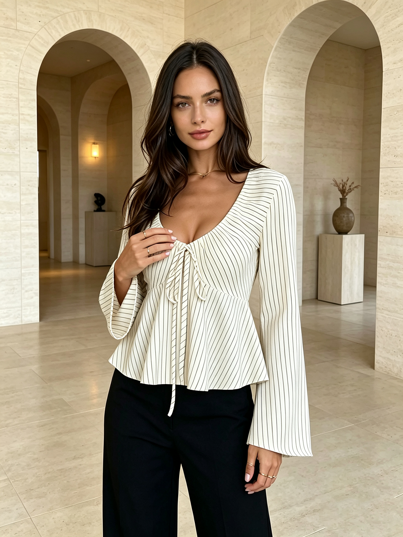 Off White Striped V Neck Top